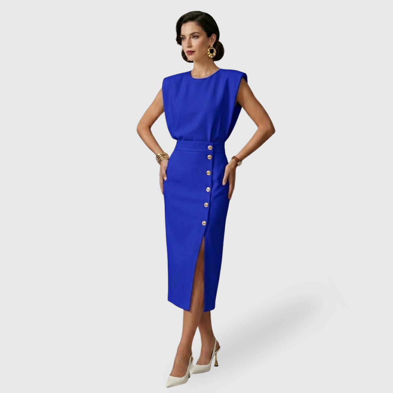 Robe midi femme sans manches ceinturée fente avant fermeture boutonnée