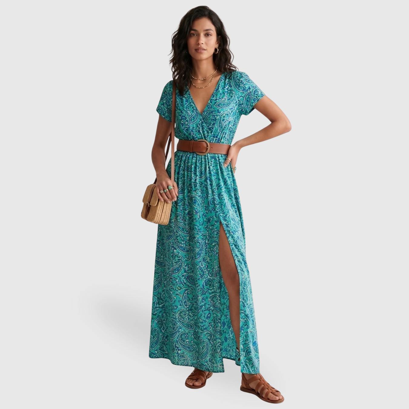 Robe longue femme bohème manches courtes col en V coupe fluide été
