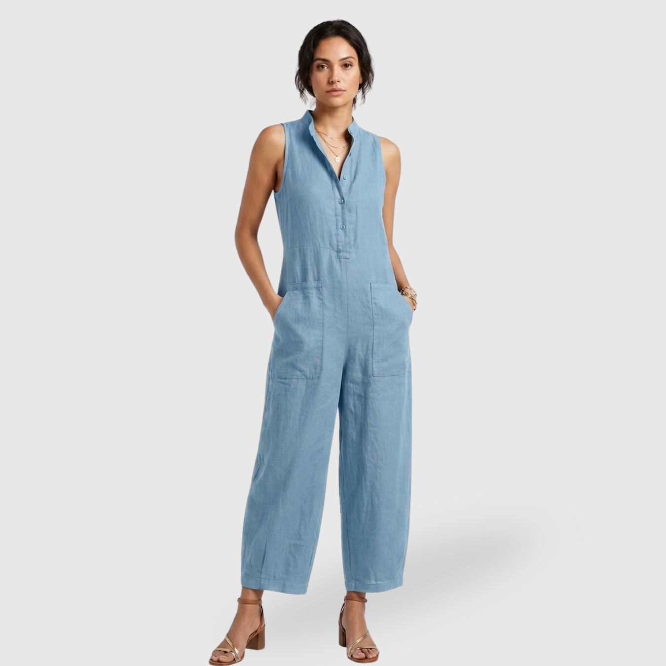 Combinaison femme lin mélangé sans manches coupe ample