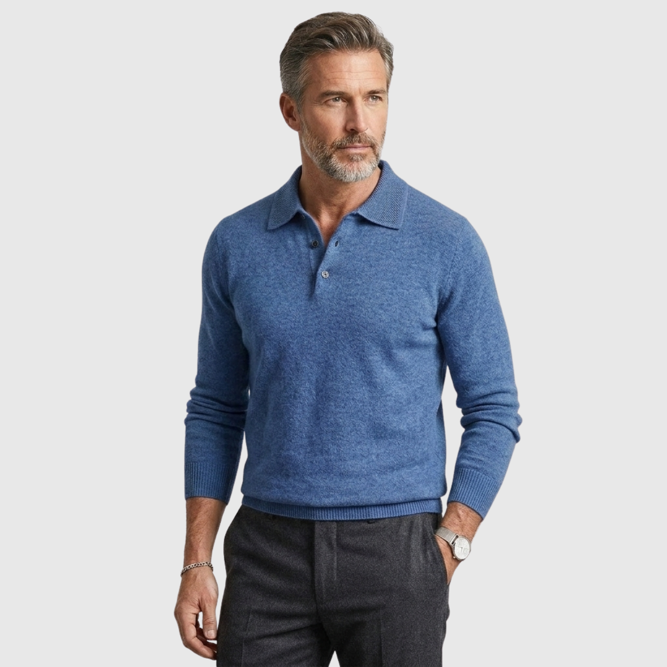Pull homme laine mérinos col polo boutonné manches longues coupe droite