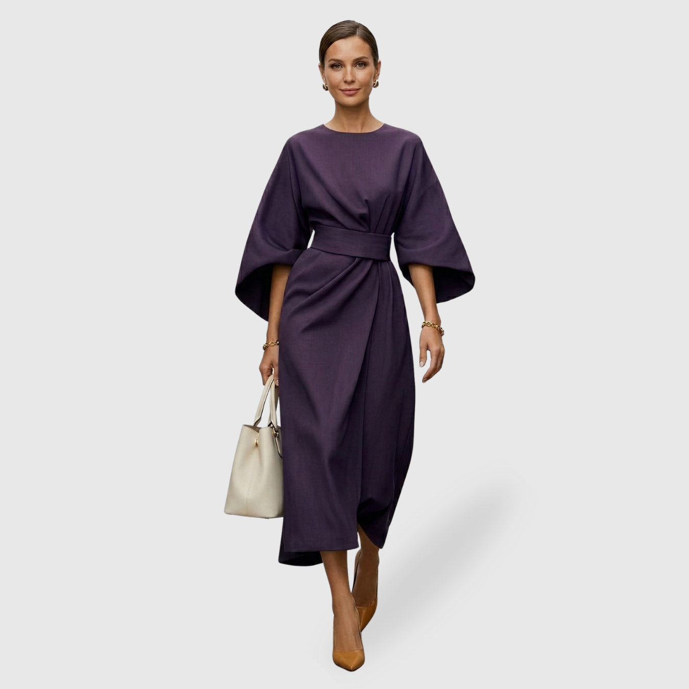 Robe femme manches lanternes coupe fluide élégante mi-longue
