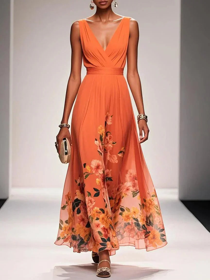 Robe Longue Femme Imprimée Fleurie Col V Cérémonie Mariage