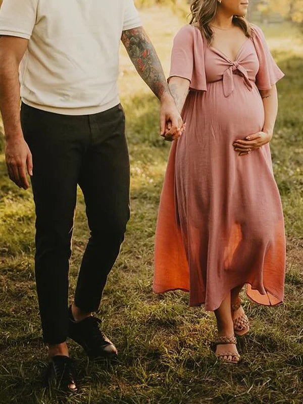 Robe Maxi Maternité Col V Manches Papillon Légère