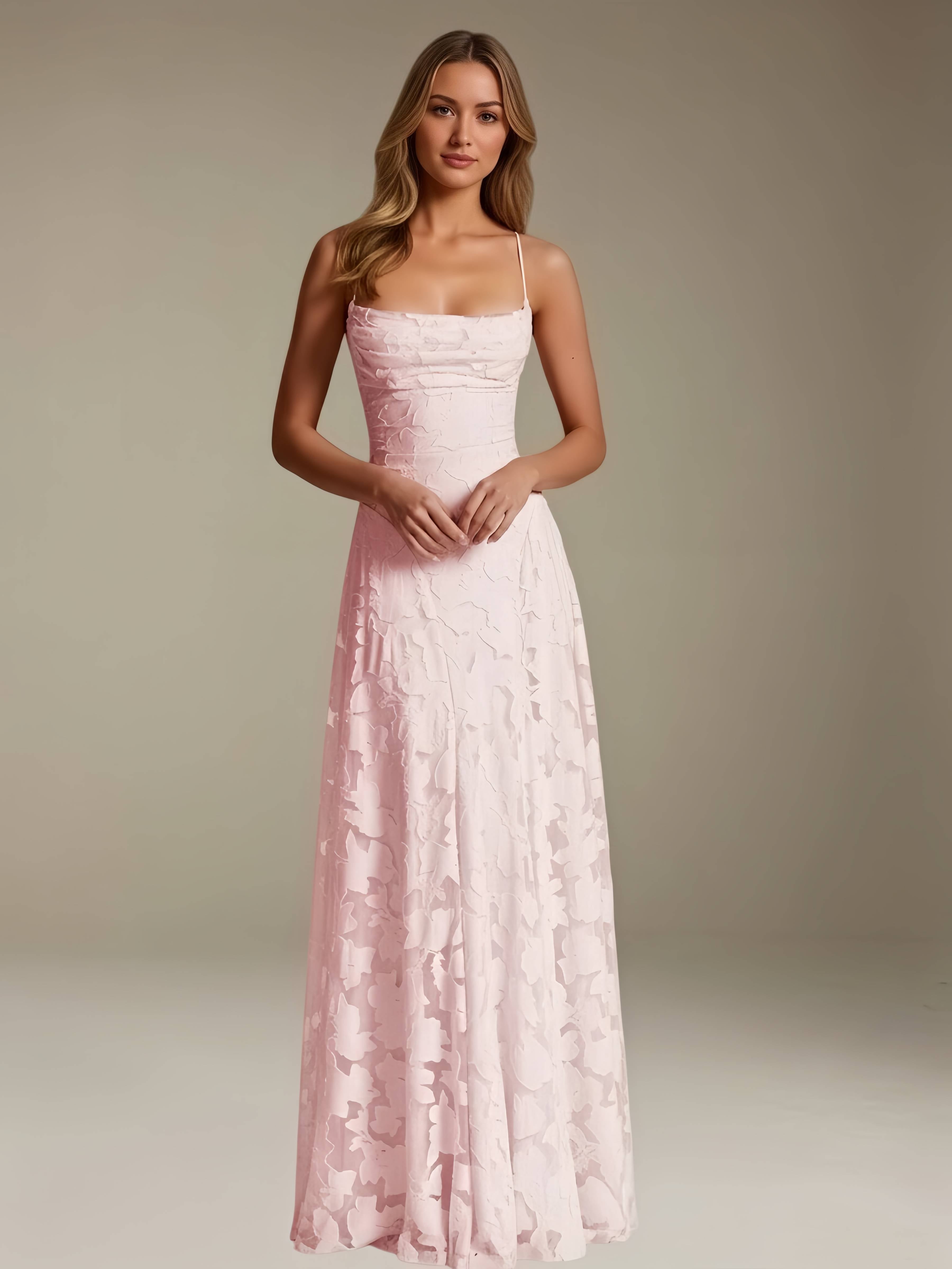 Robe demoiselle d'honneur dentelle bretelles spaghetti longueur sol