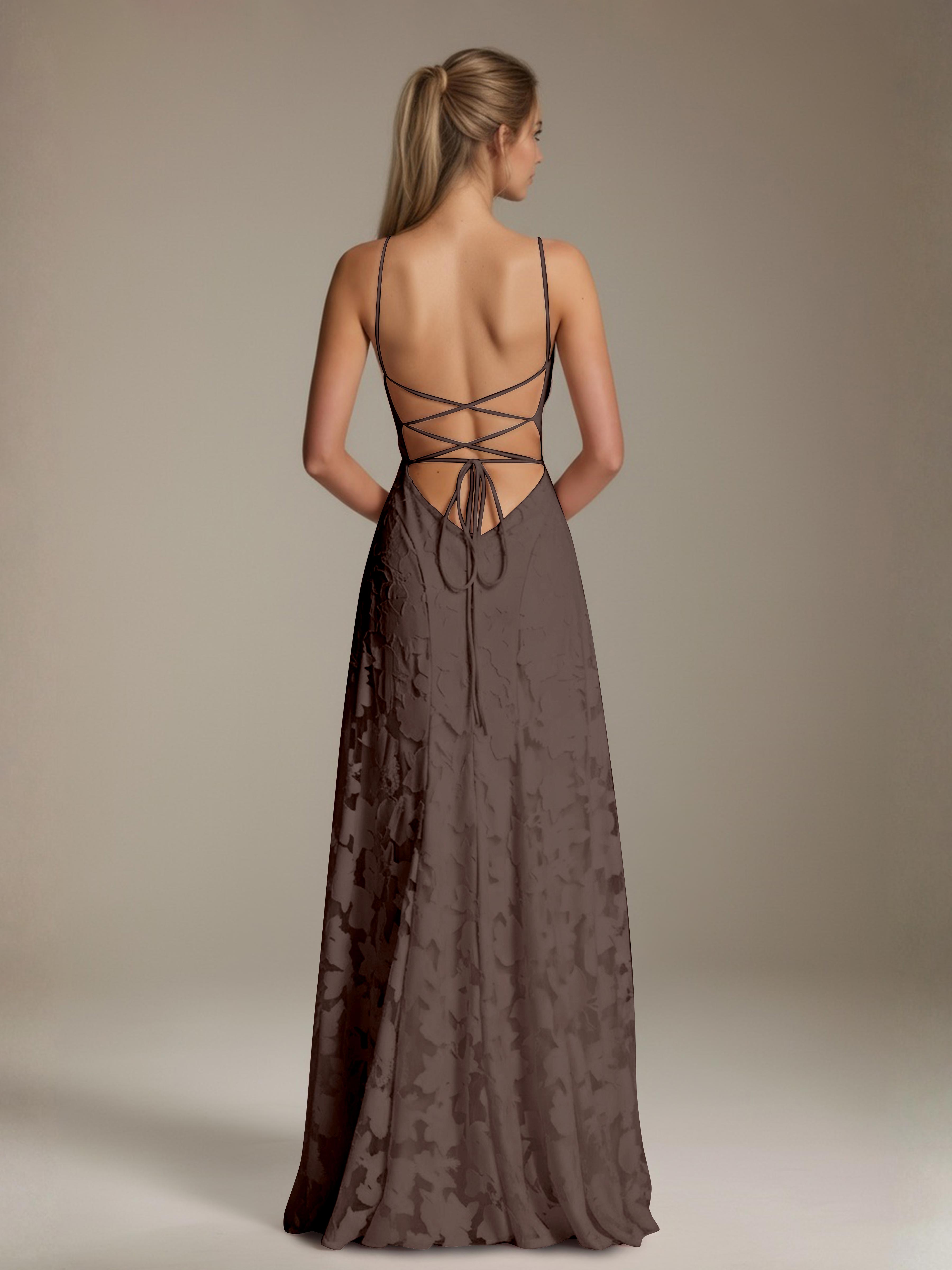 Robe demoiselle d'honneur dentelle bretelles spaghetti longueur sol