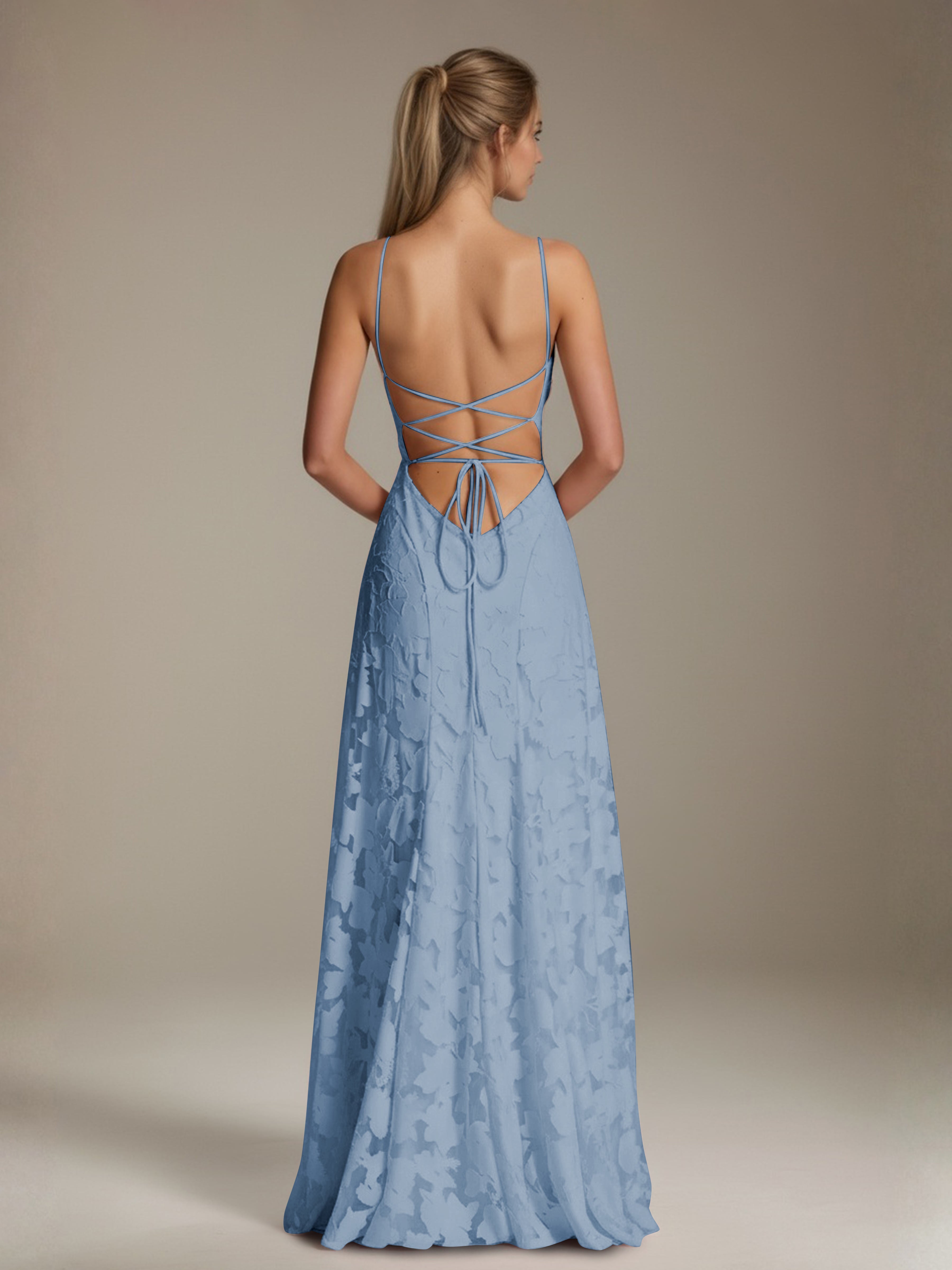 Robe demoiselle d'honneur dentelle bretelles spaghetti longueur sol