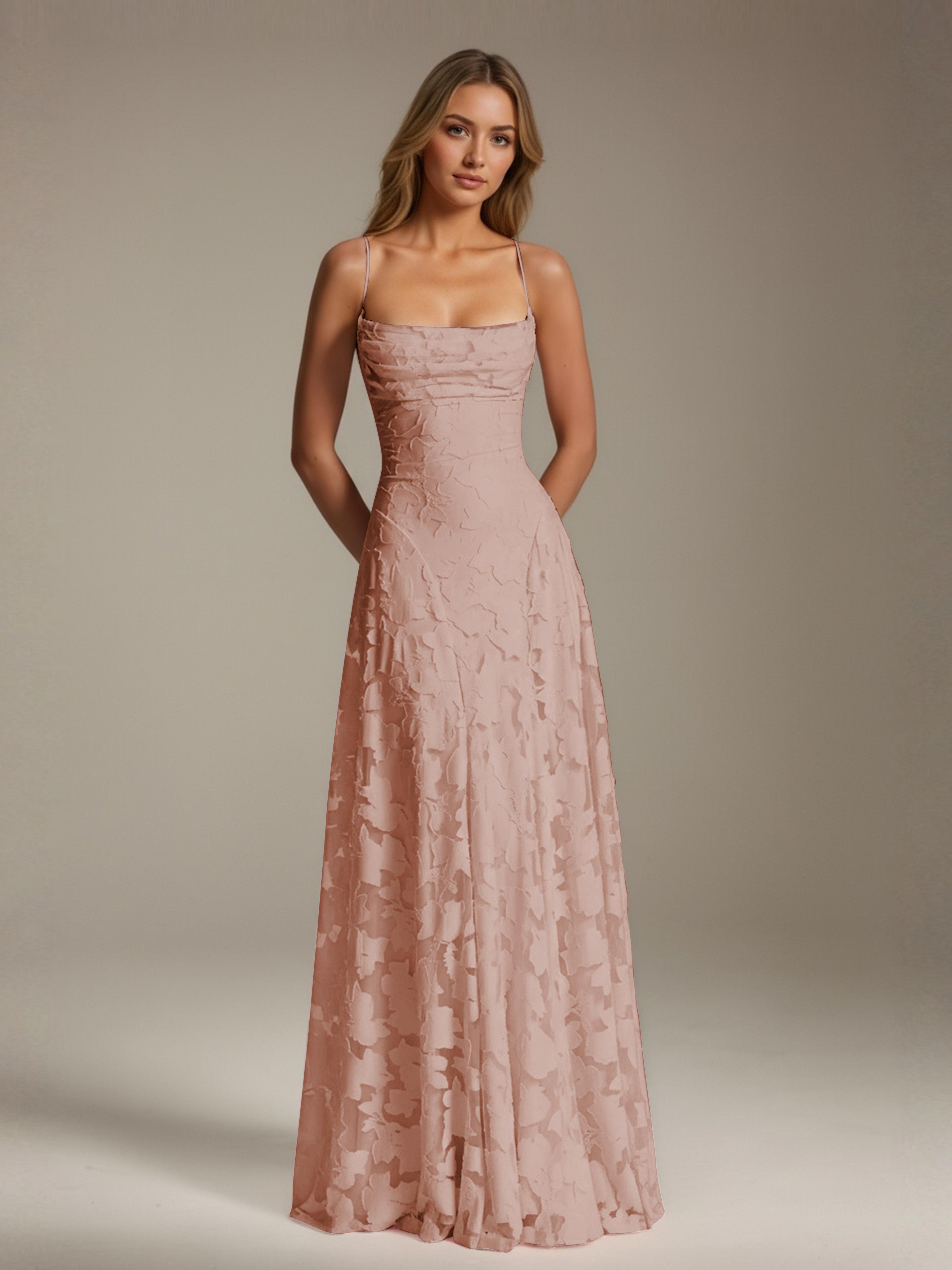 Robe demoiselle d'honneur dentelle bretelles spaghetti longueur sol