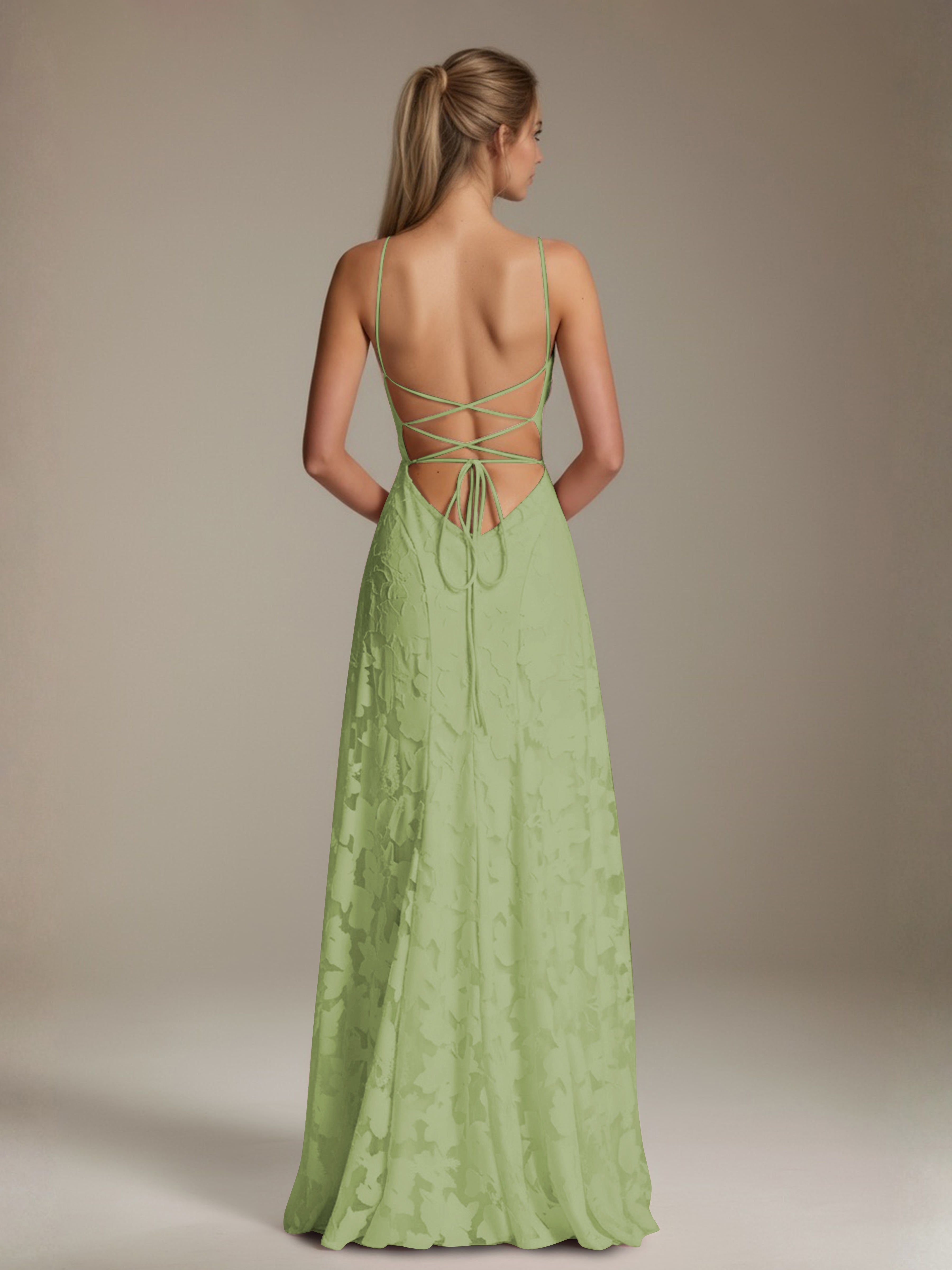 Robe demoiselle d'honneur dentelle bretelles spaghetti longueur sol