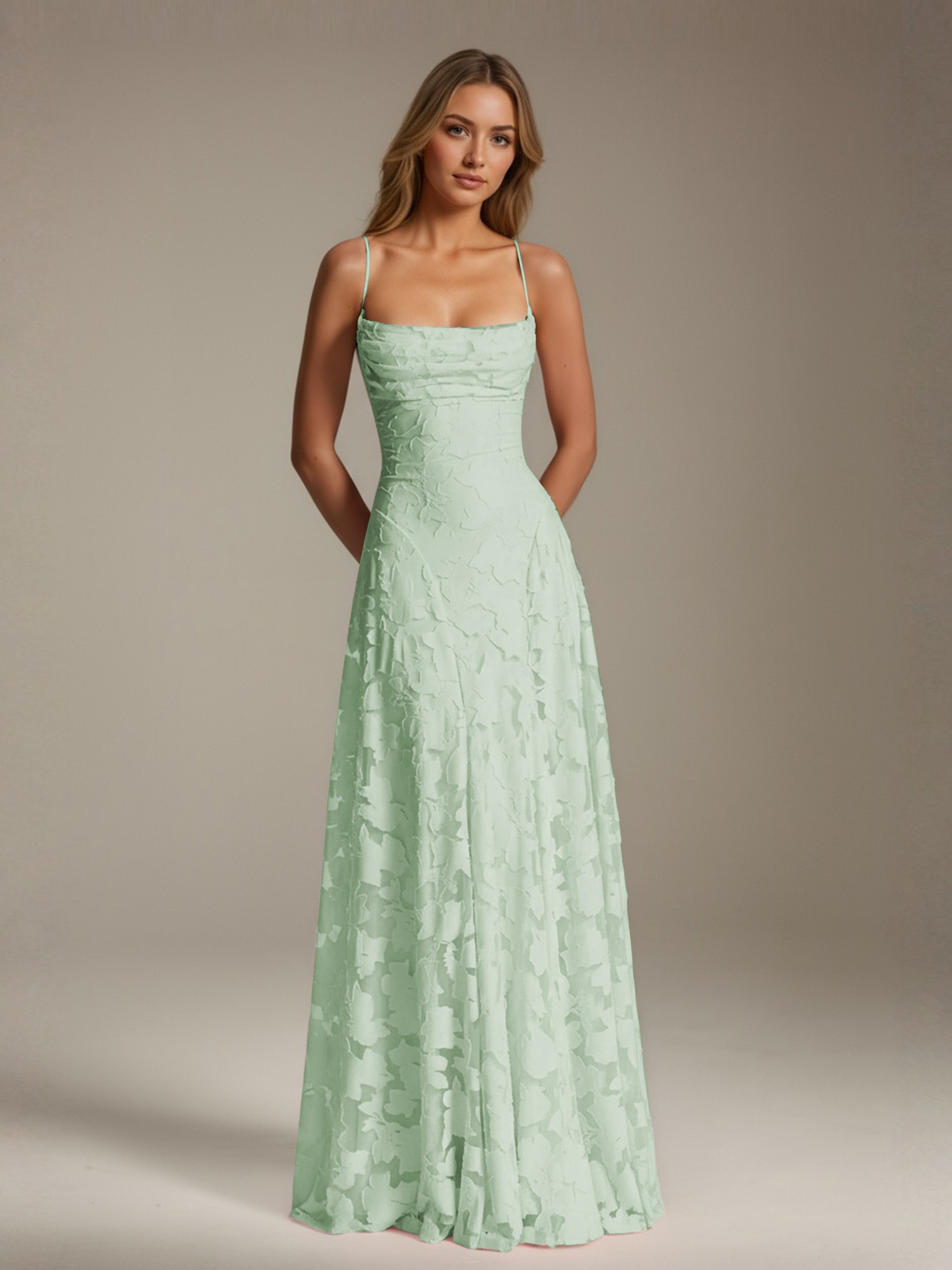 Robe demoiselle d'honneur dentelle bretelles spaghetti longueur sol