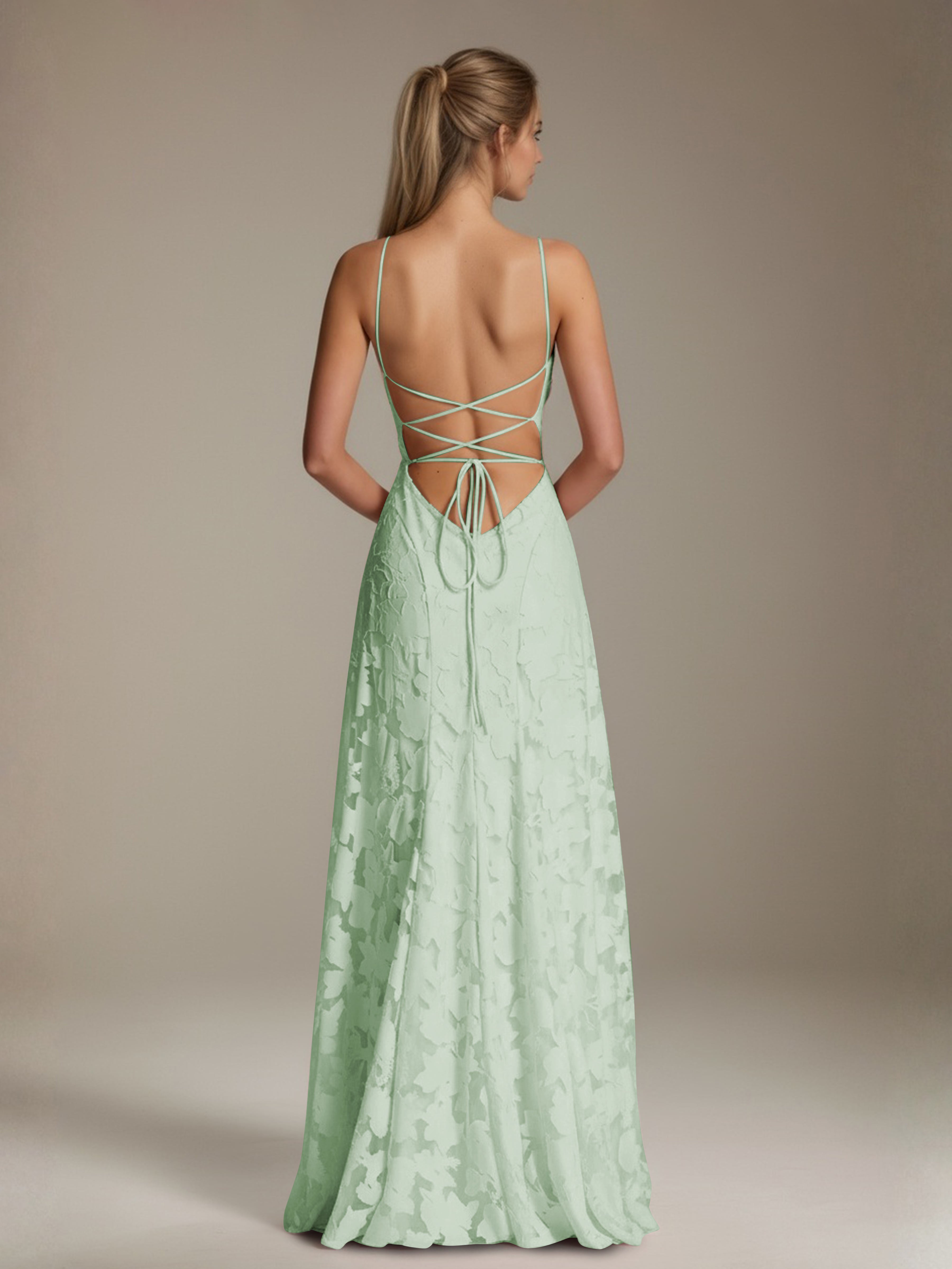 Robe demoiselle d'honneur dentelle bretelles spaghetti longueur sol