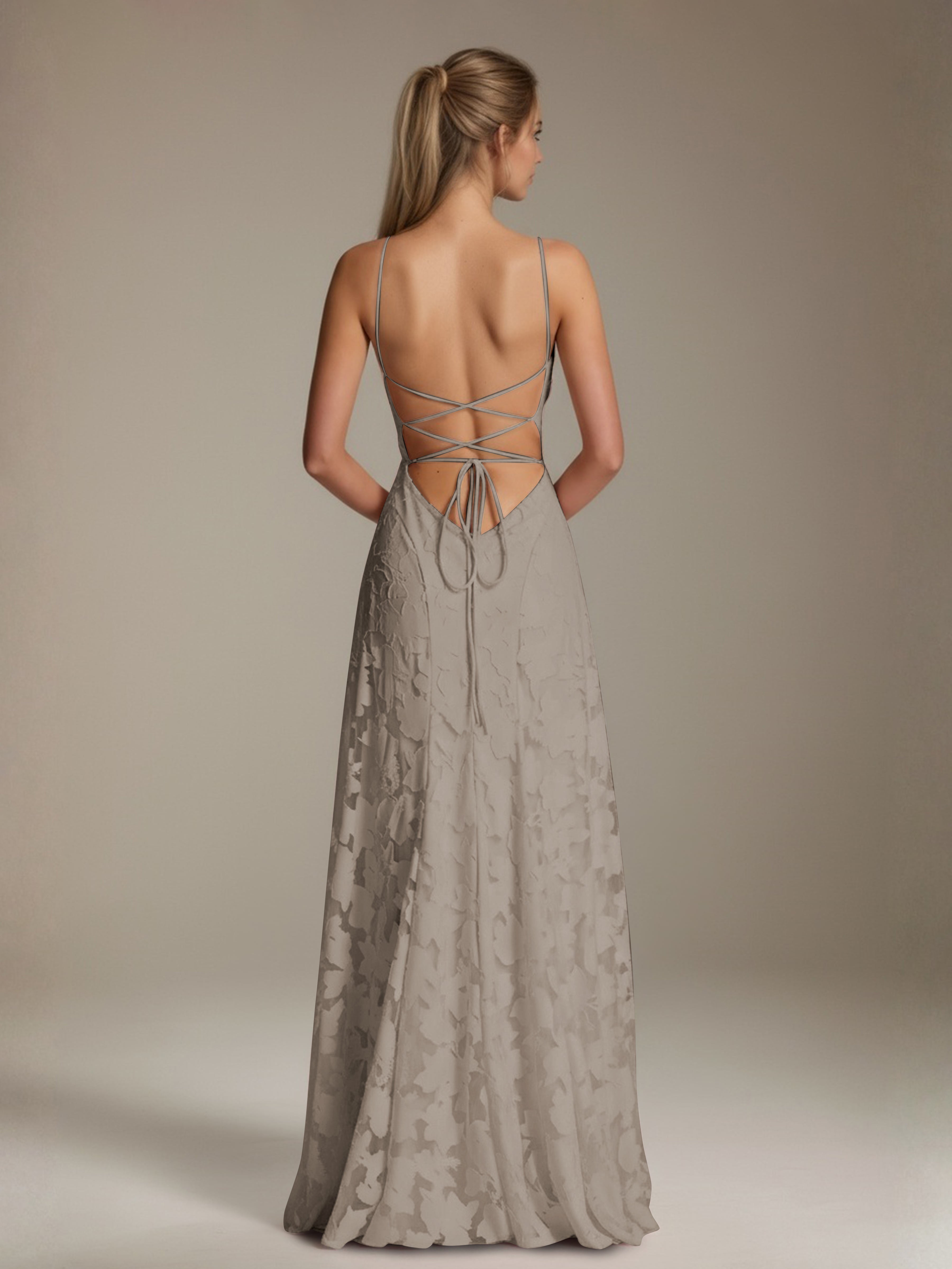 Robe demoiselle d'honneur dentelle bretelles spaghetti longueur sol