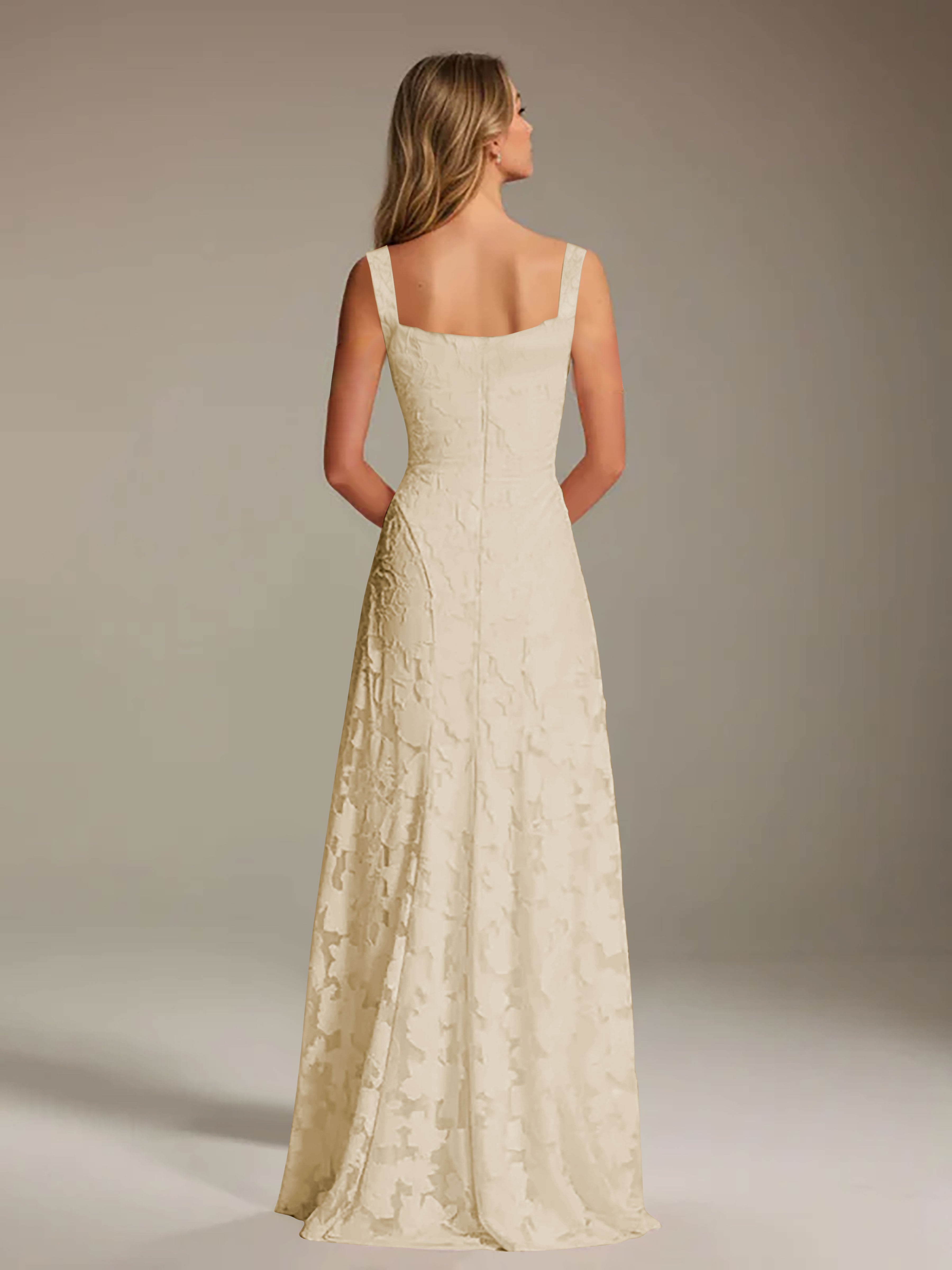 Robe de soirée A-line dentelle plissée col carré longueur sol
