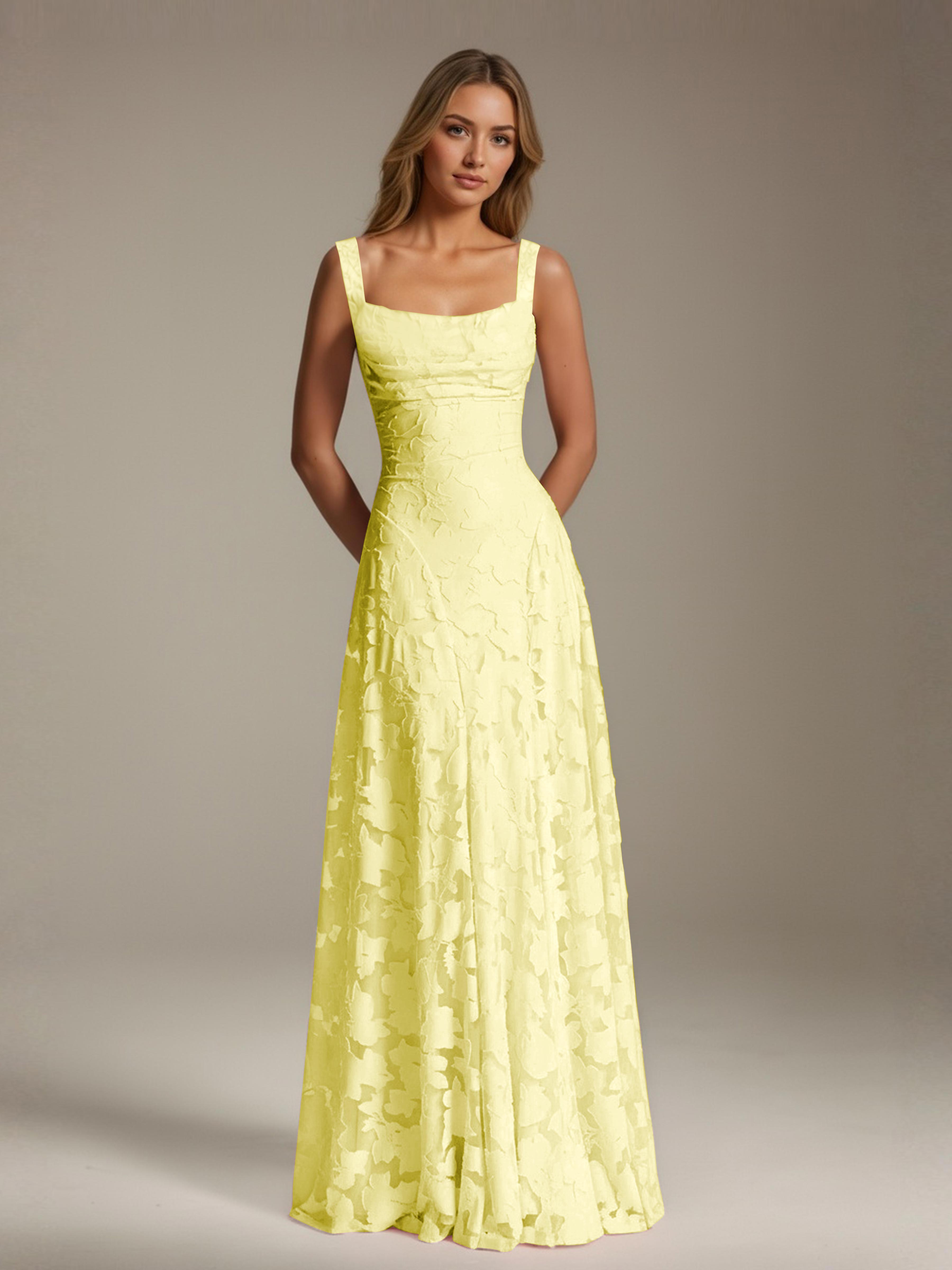 Robe de soirée A-line dentelle plissée col carré longueur sol