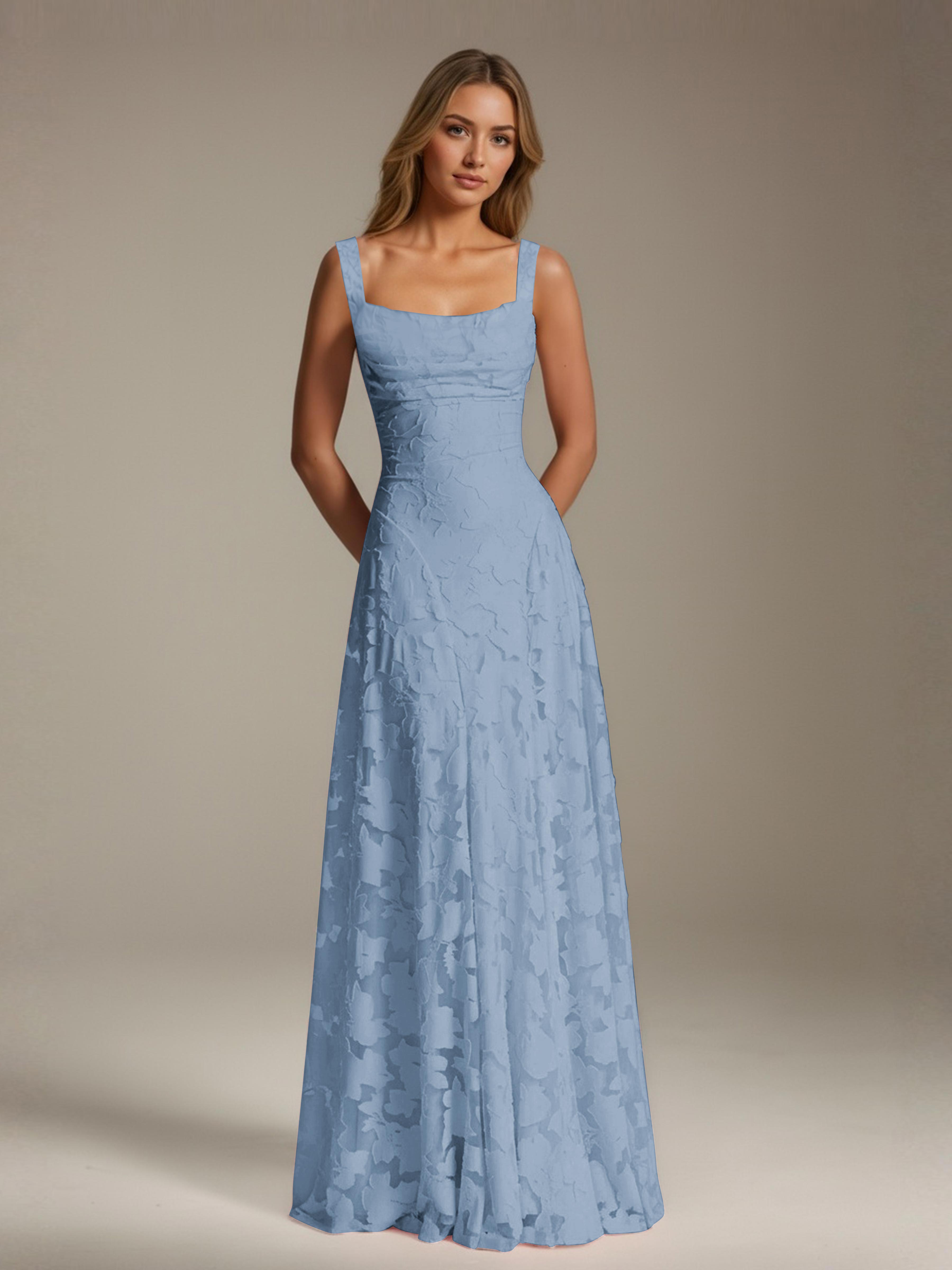 Robe de soirée A-line dentelle plissée col carré longueur sol