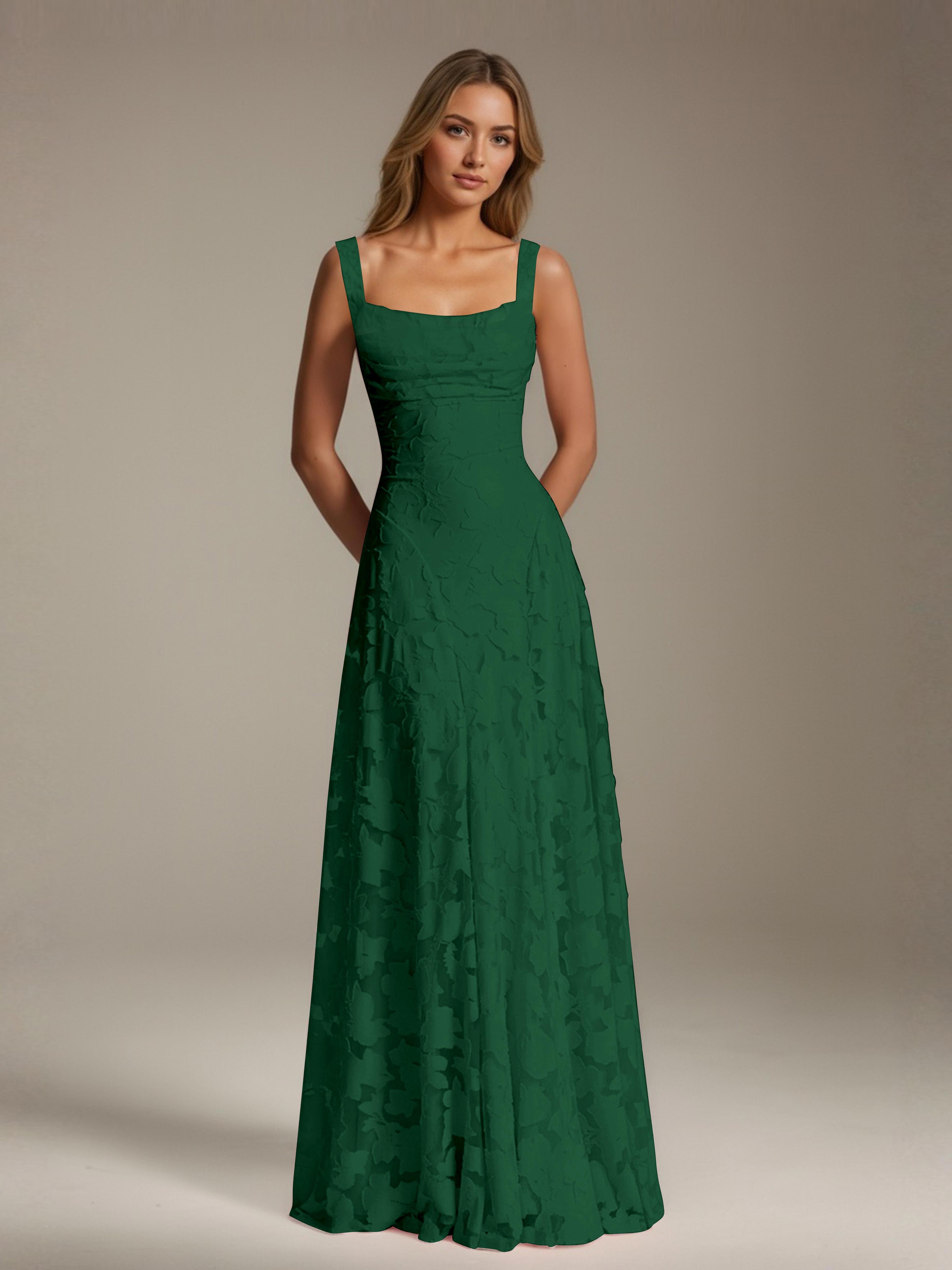 Robe de soirée A-line dentelle plissée col carré longueur sol