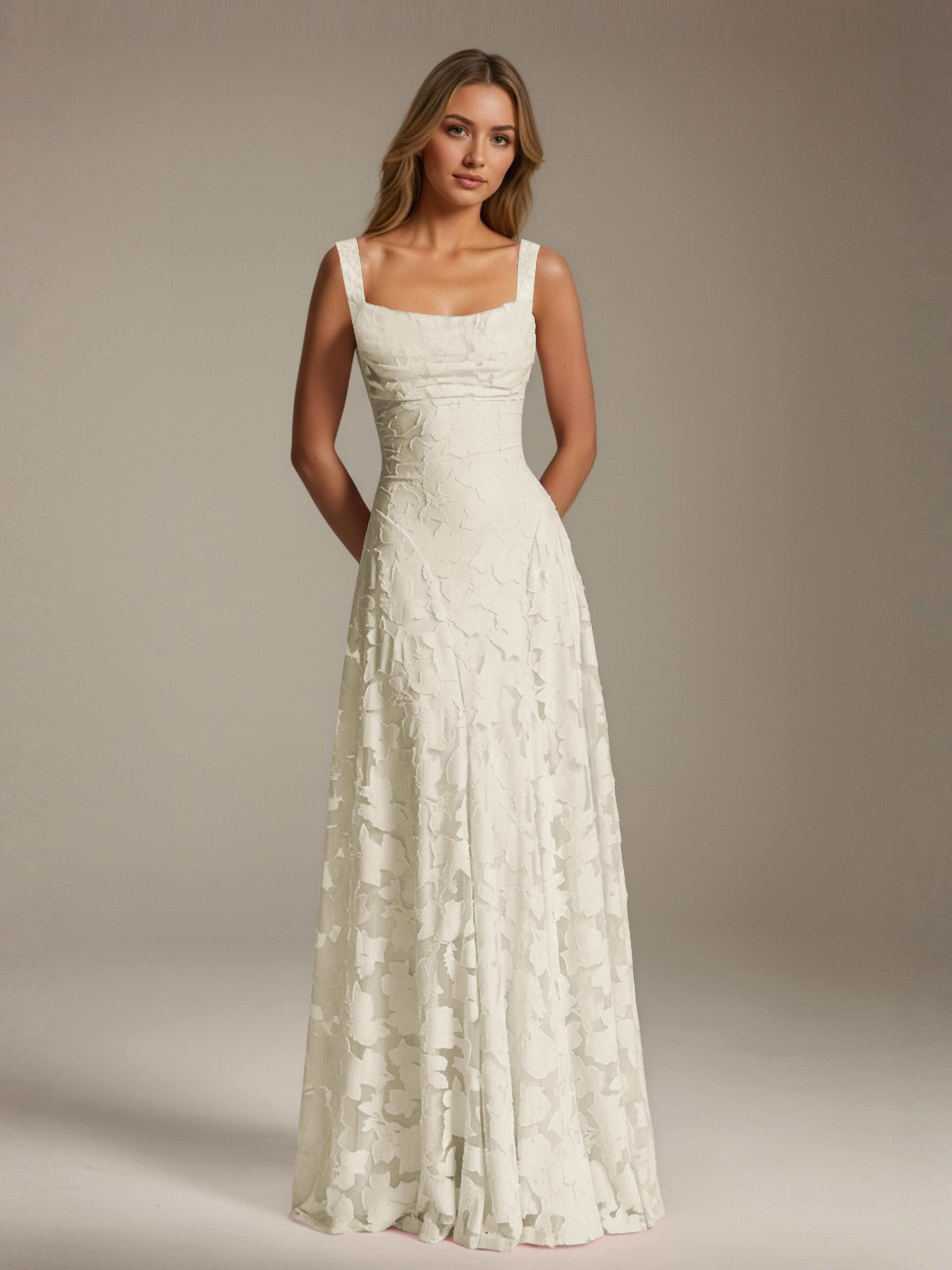 Robe de soirée A-line dentelle plissée col carré longueur sol