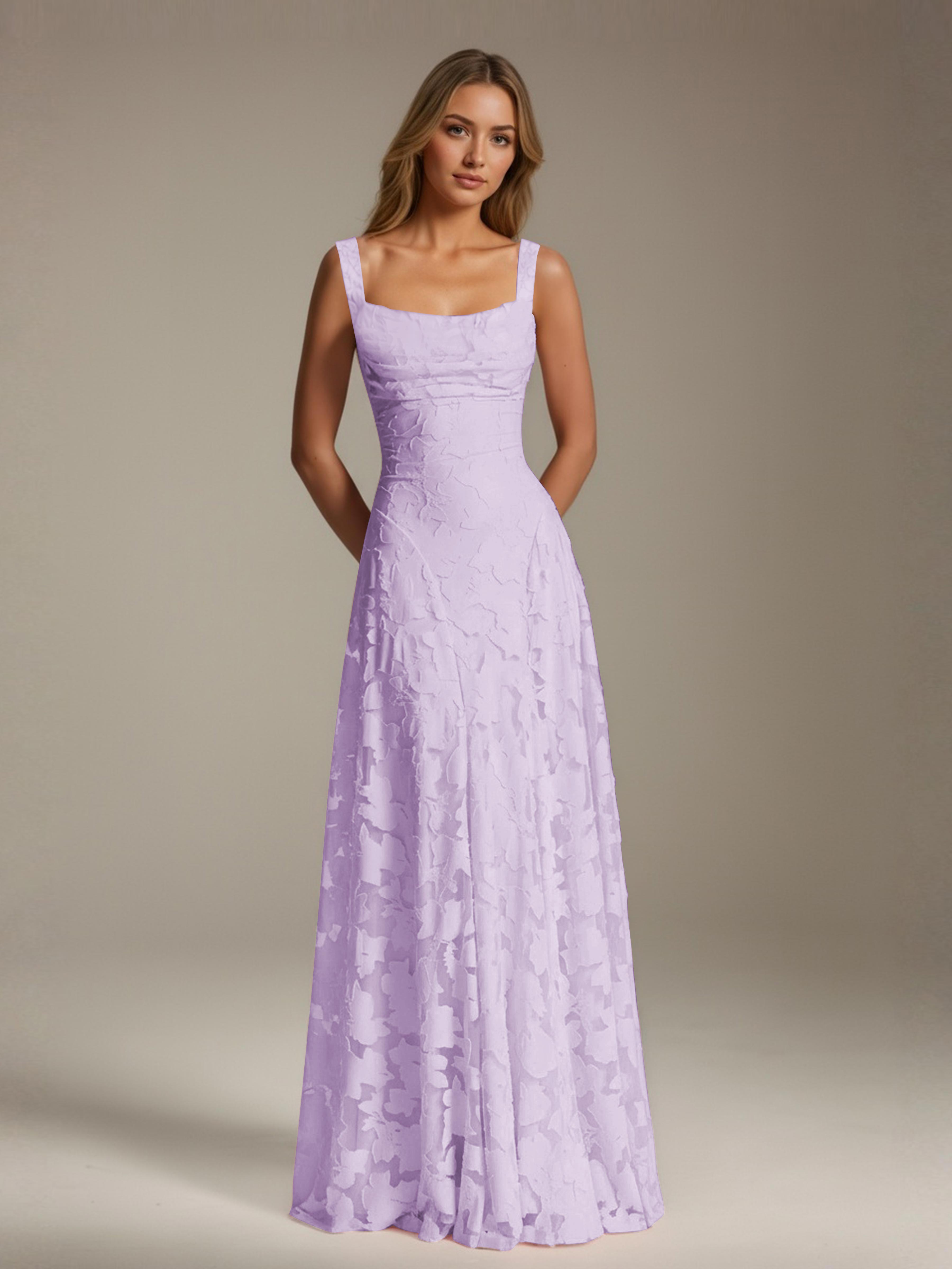 Robe de soirée A-line dentelle plissée col carré longueur sol