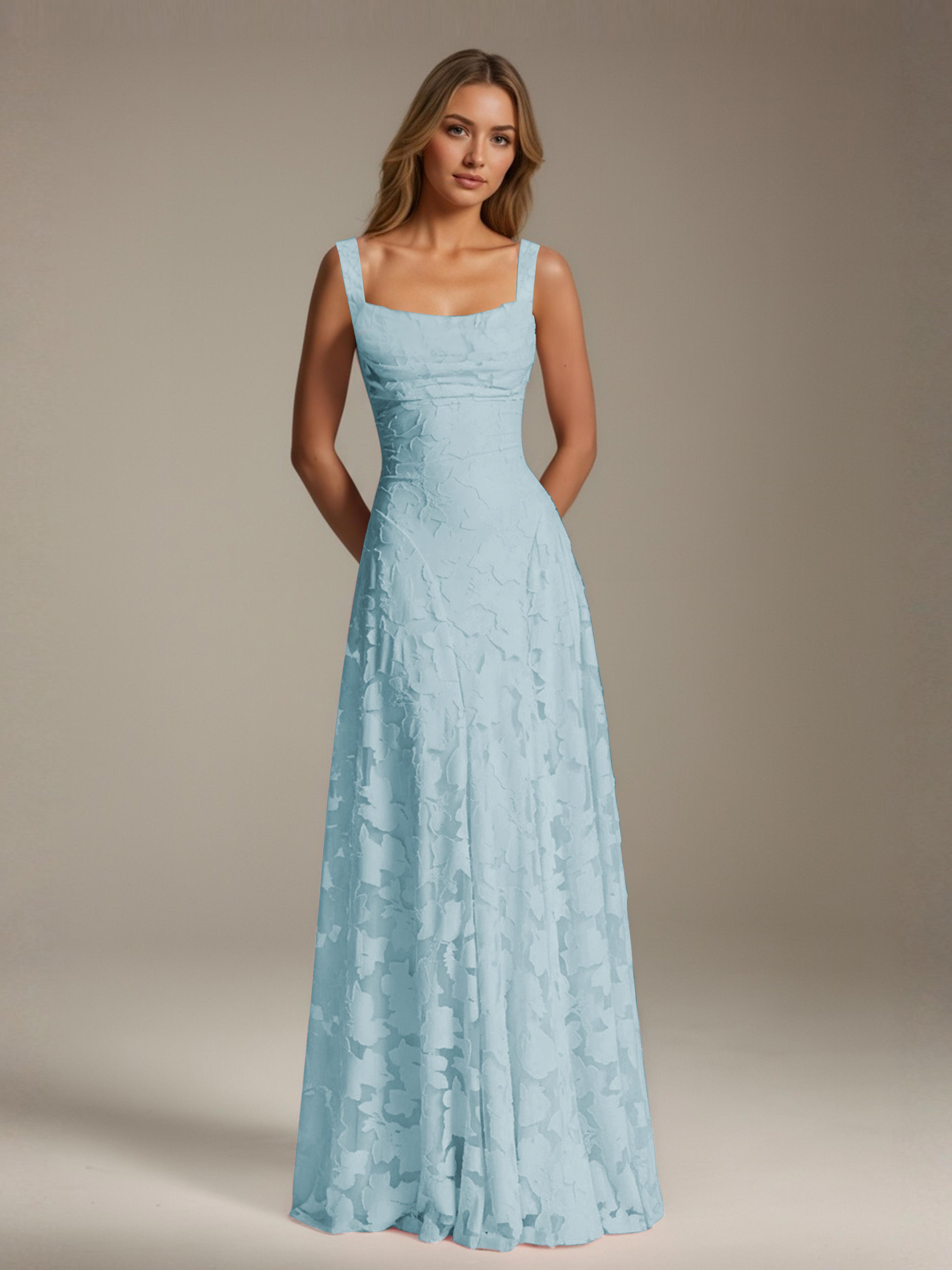 Robe de soirée A-line dentelle plissée col carré longueur sol