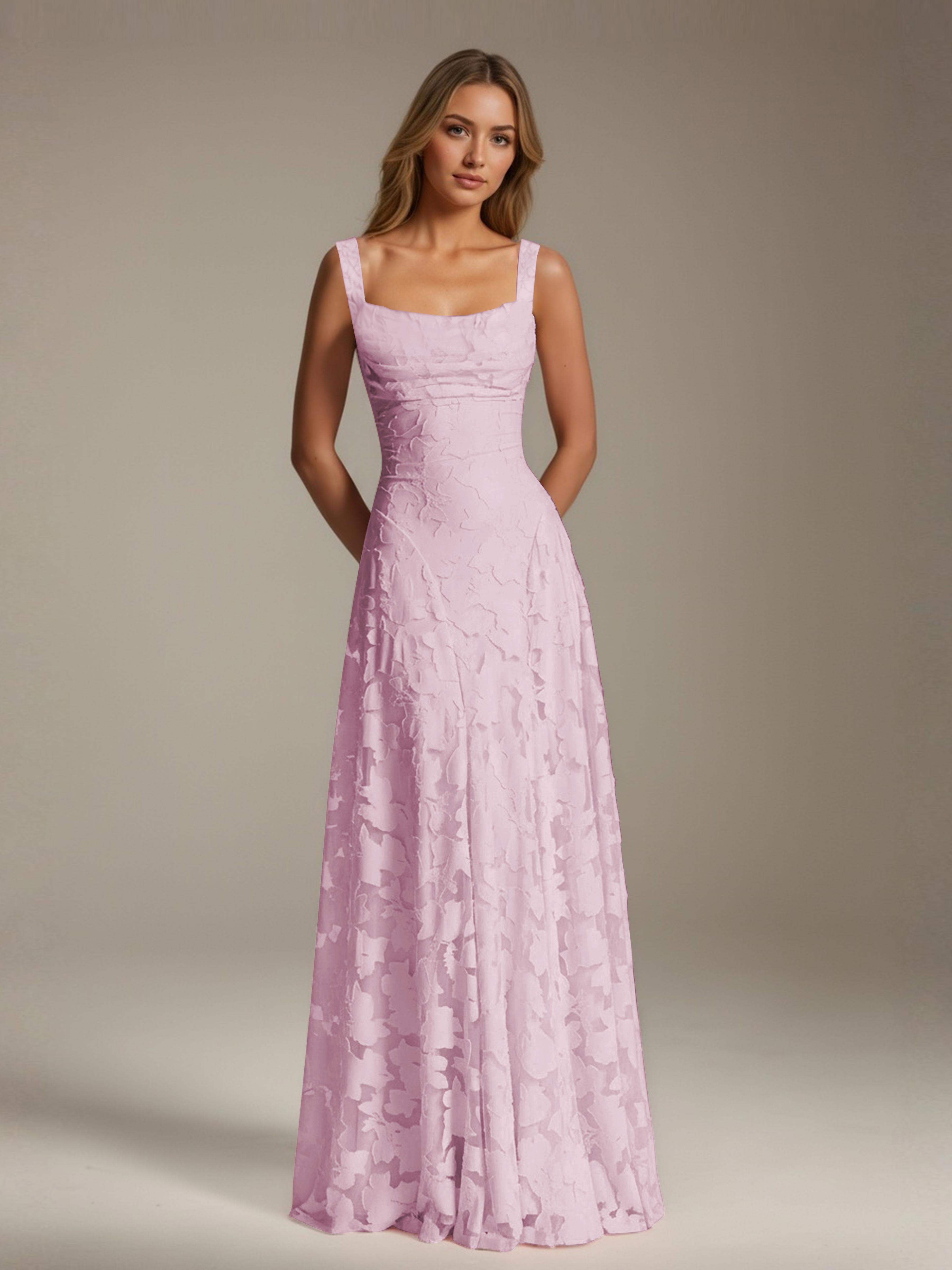 Robe de soirée A-line dentelle plissée col carré longueur sol