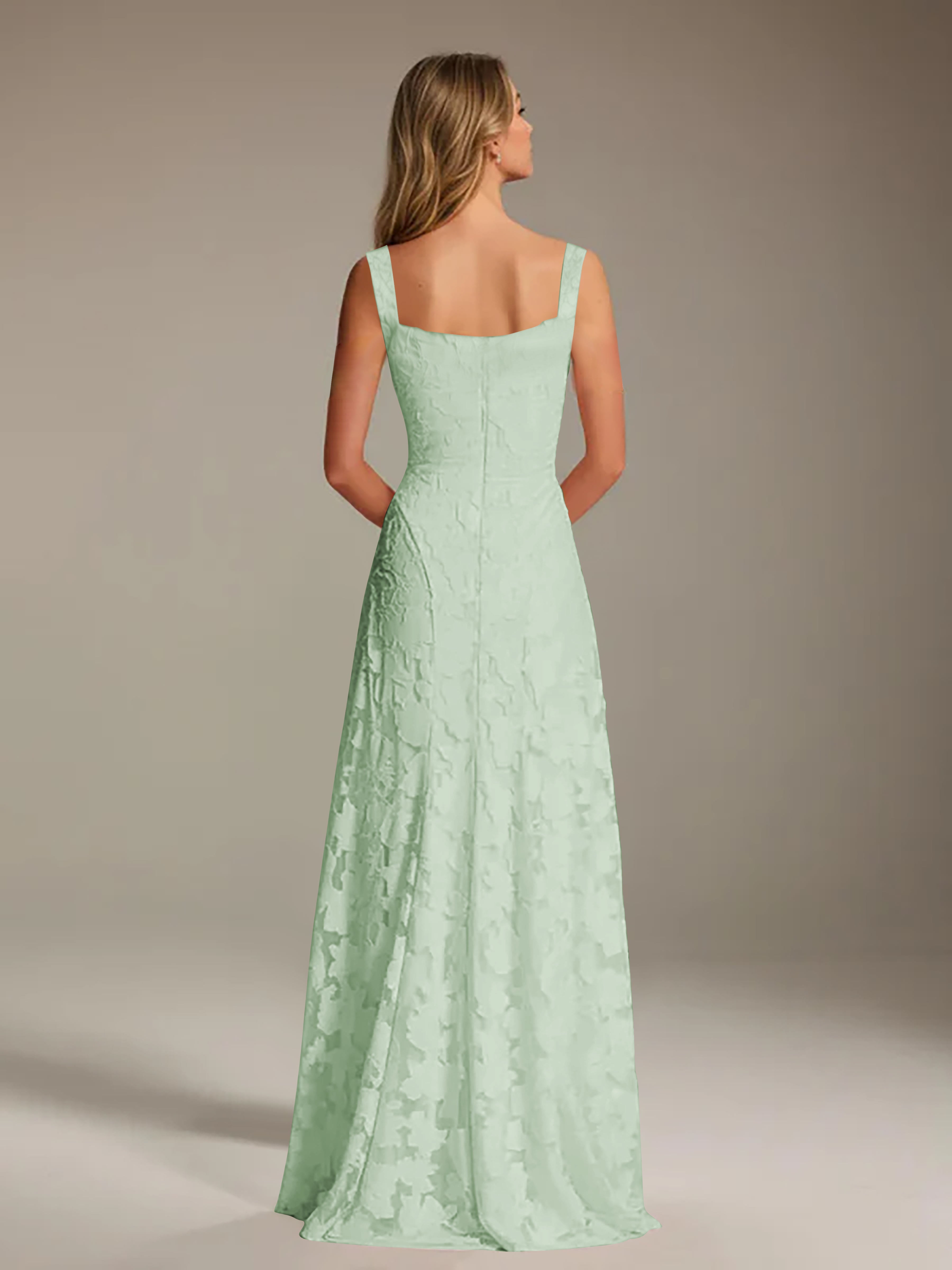 Robe de soirée A-line dentelle plissée col carré longueur sol