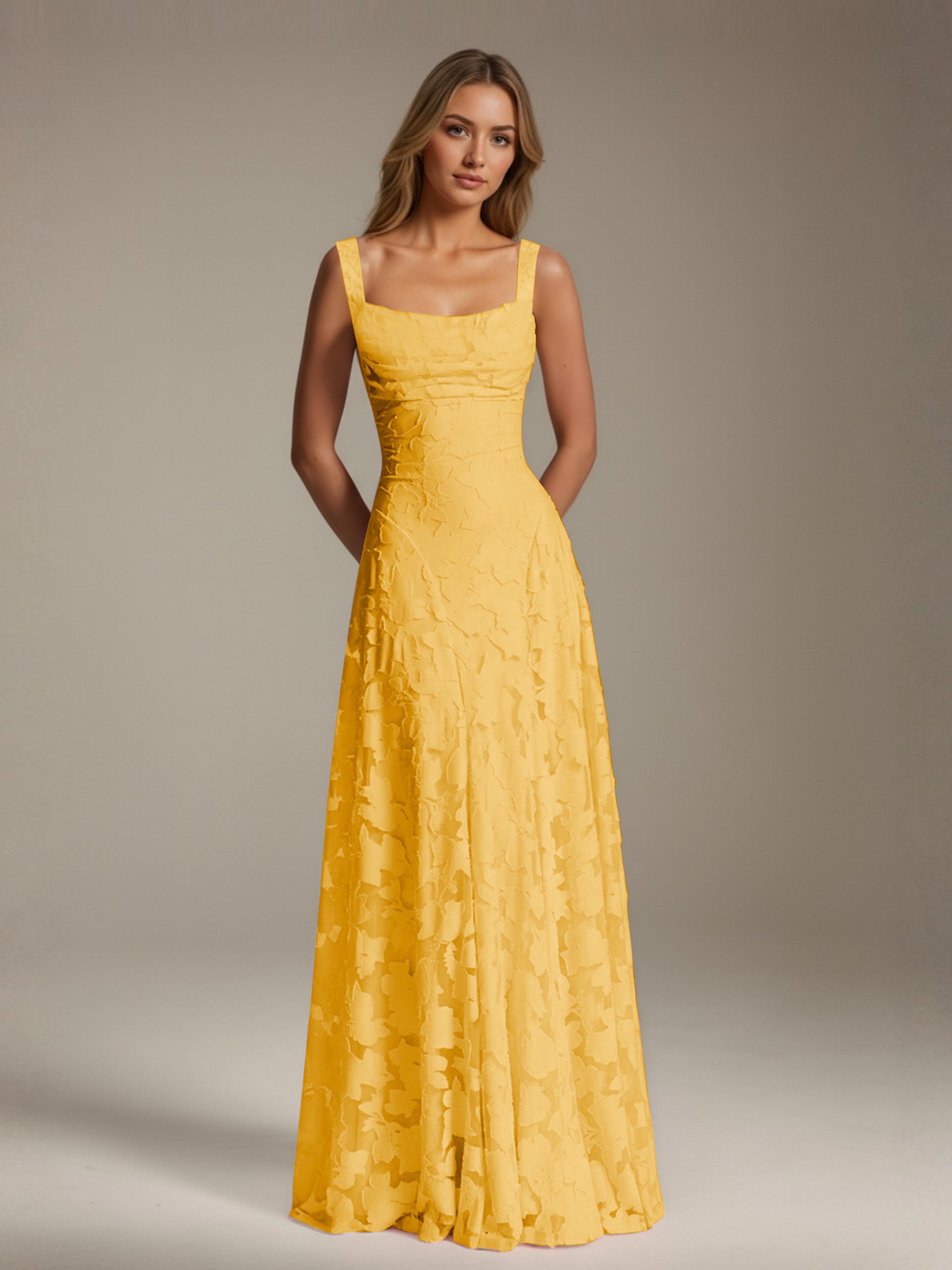 Robe de soirée A-line dentelle plissée col carré longueur sol