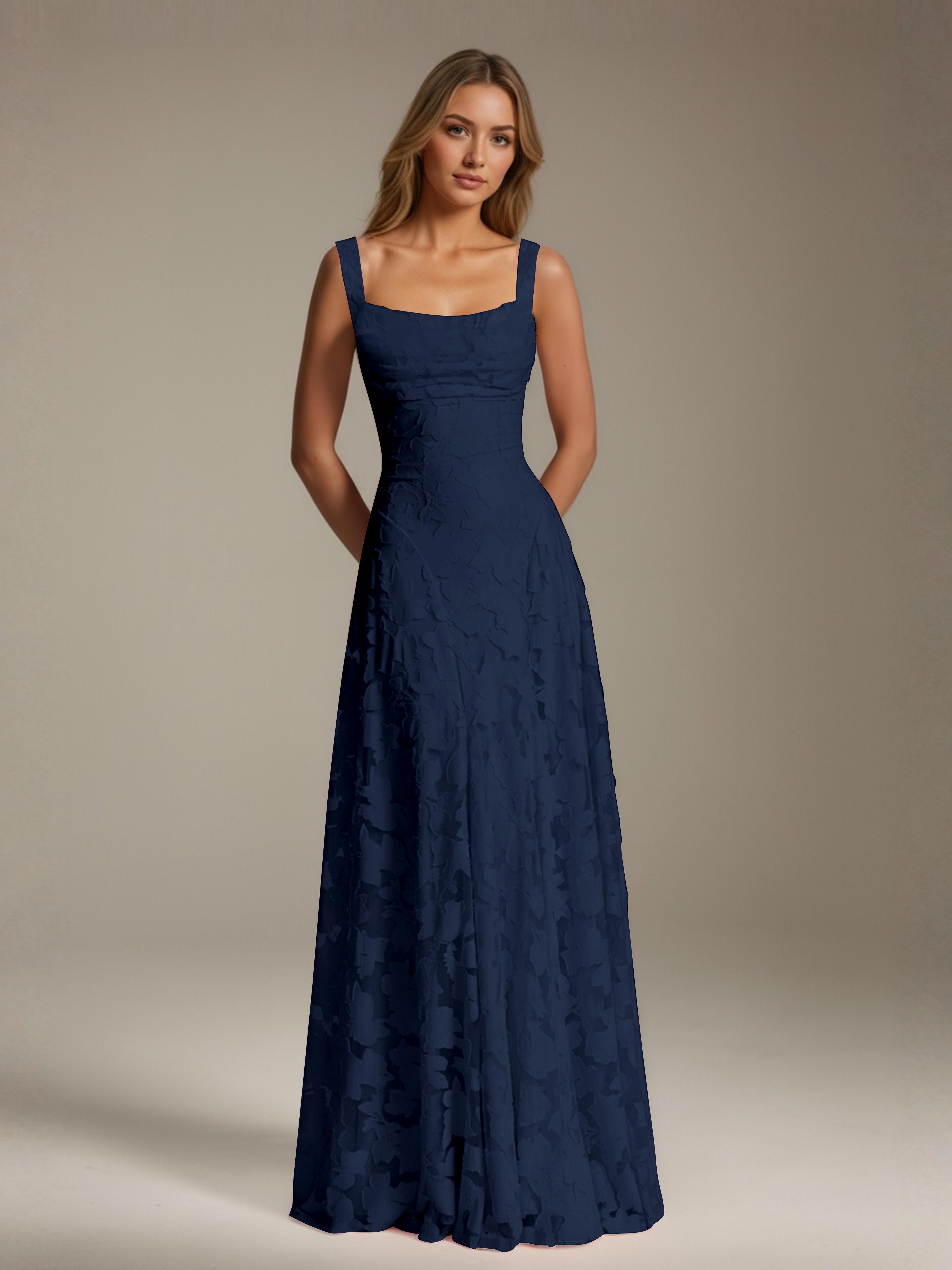 Robe de soirée A-line dentelle plissée col carré longueur sol