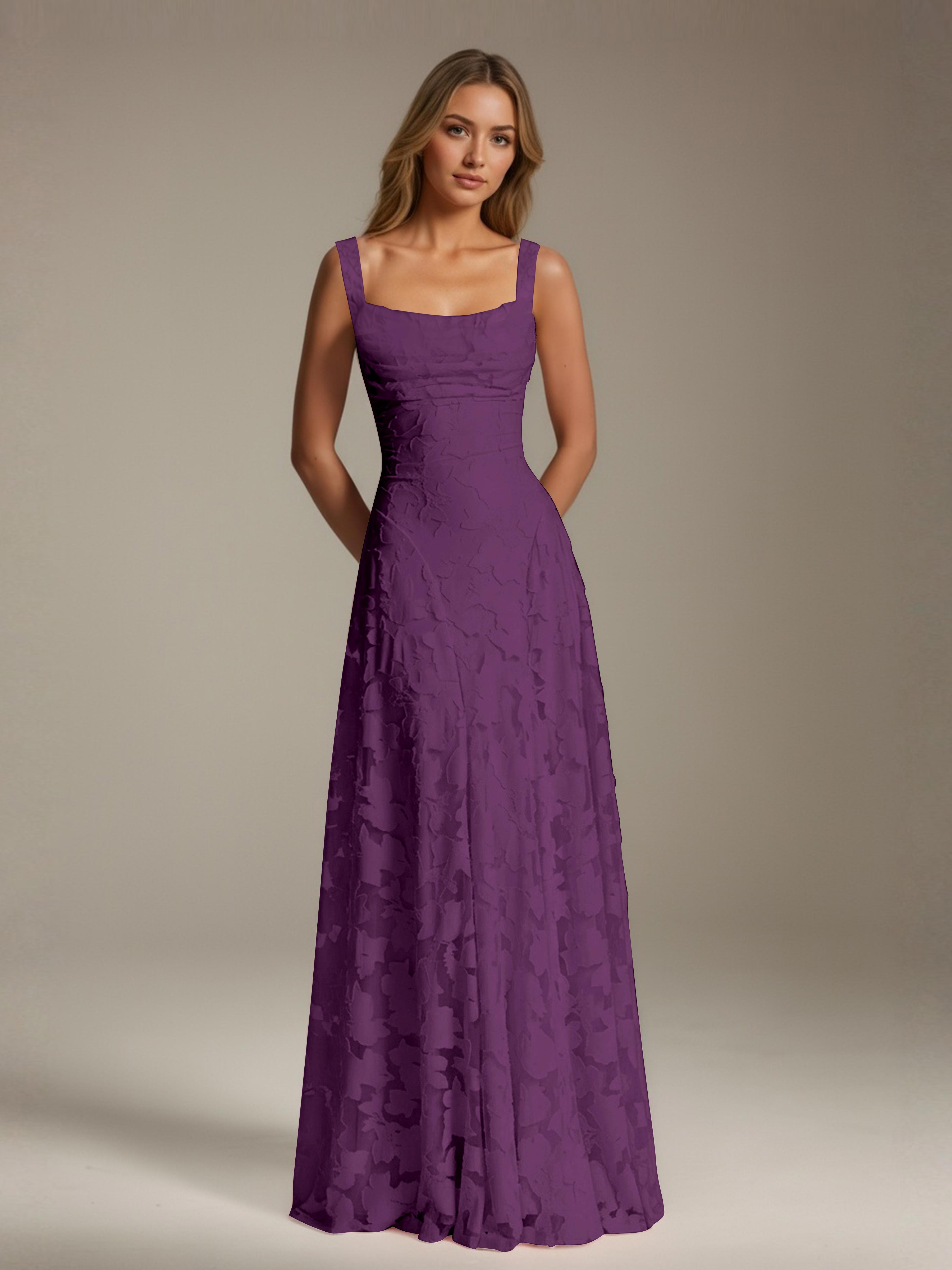 Robe de soirée A-line dentelle plissée col carré longueur sol