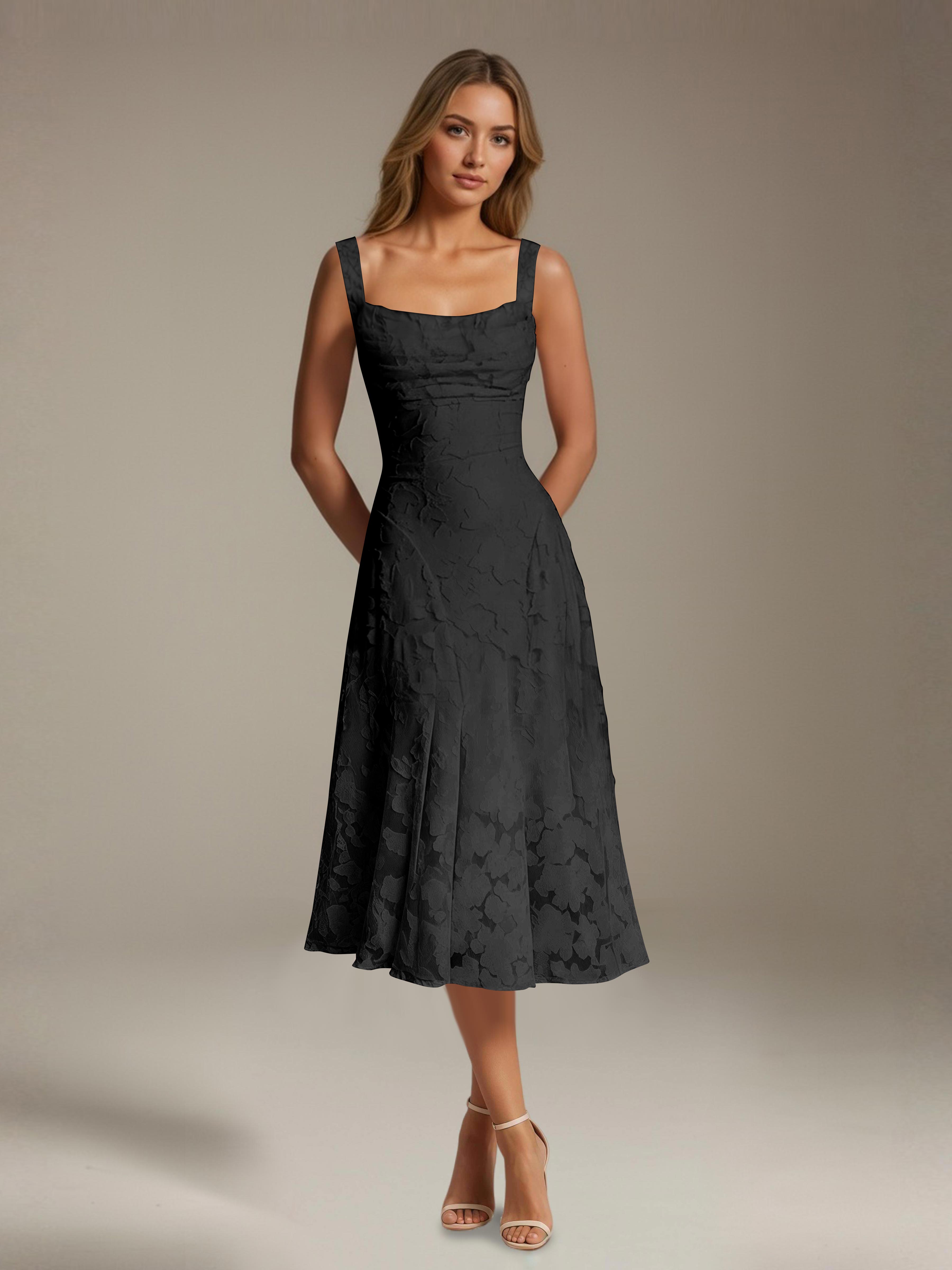 Robe de cérémonie A-line dentelle florale col carré longueur thé