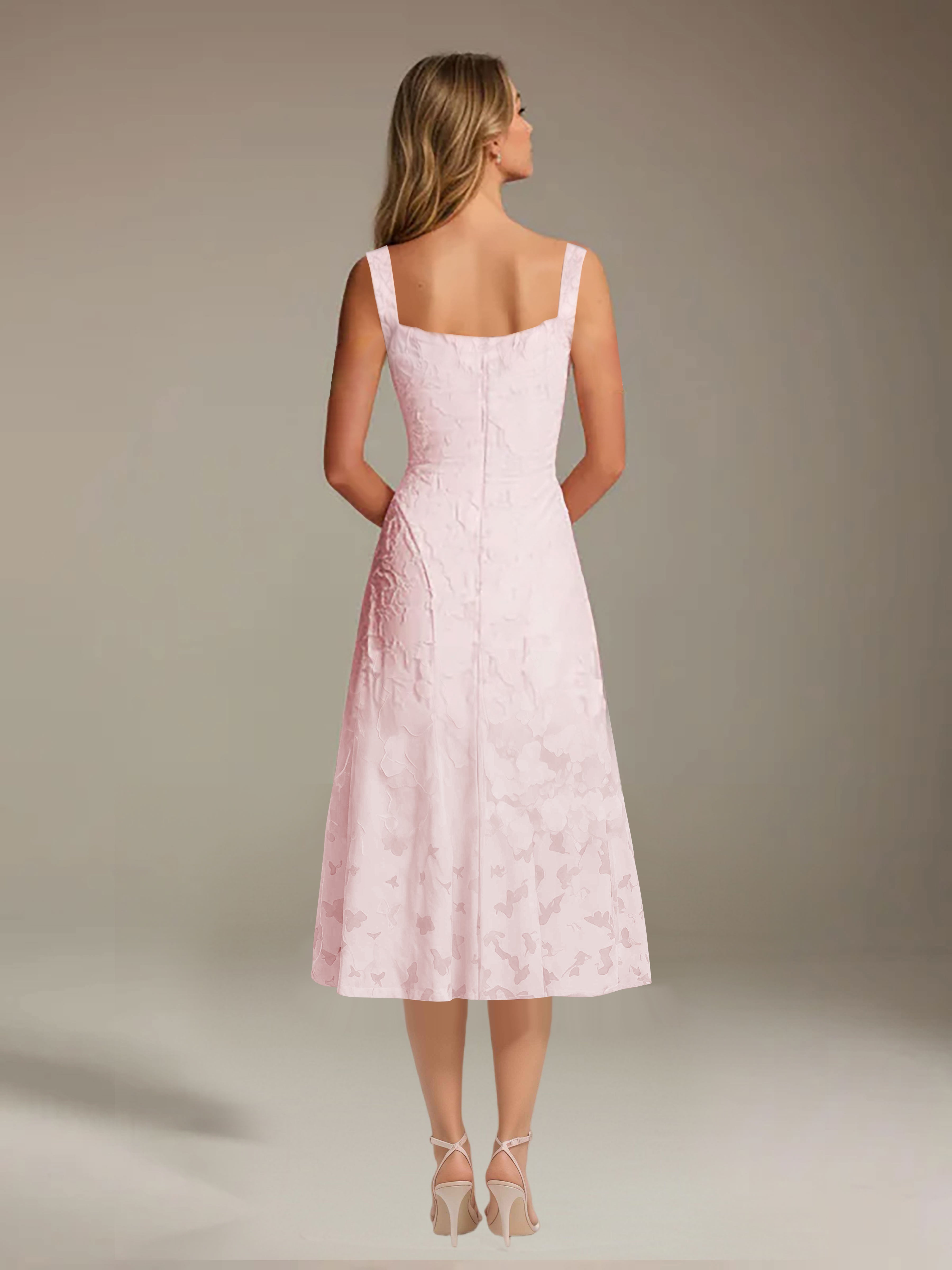 Robe de cérémonie A-line dentelle florale col carré longueur thé