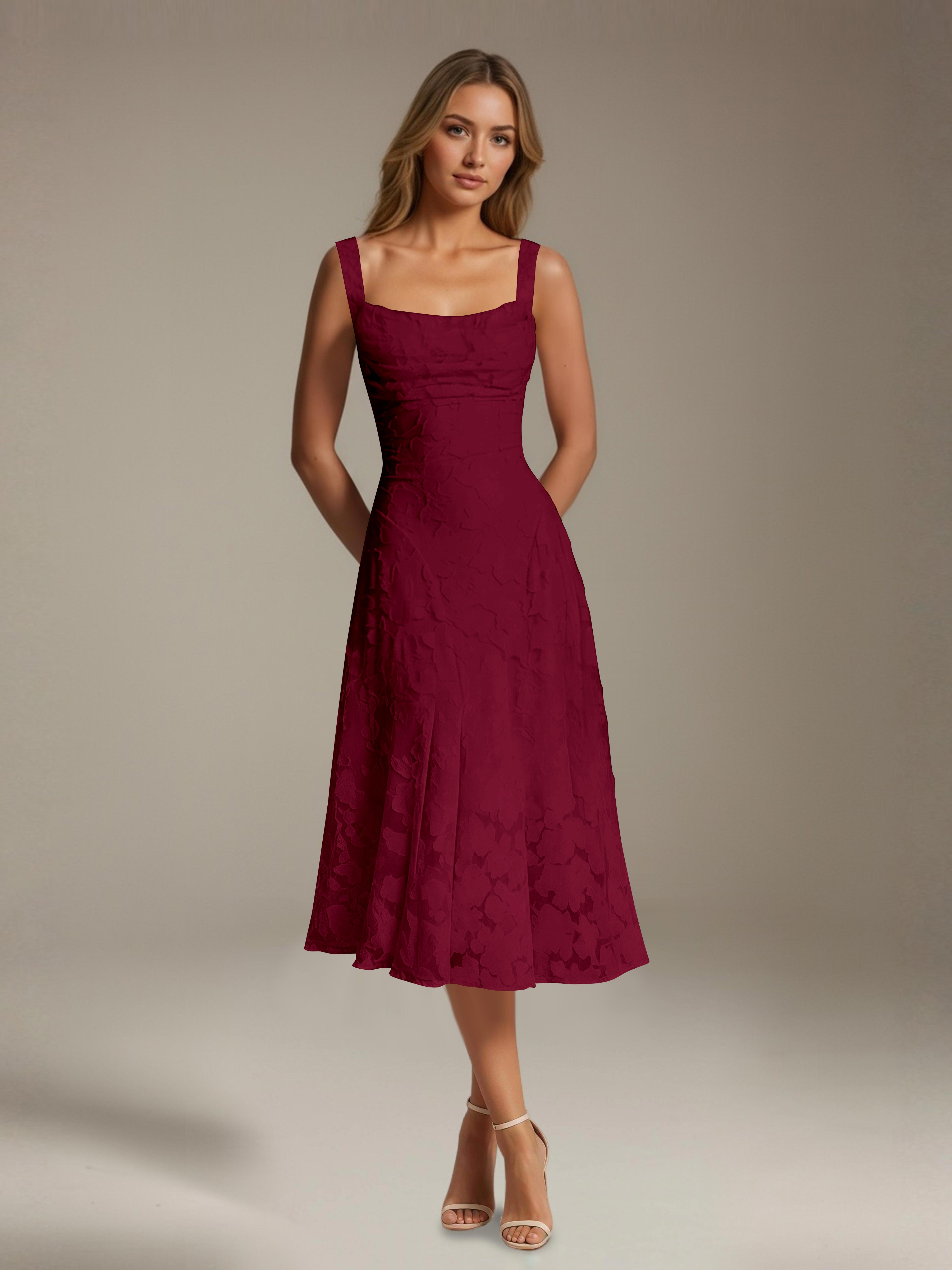 Robe de cérémonie A-line dentelle florale col carré longueur thé