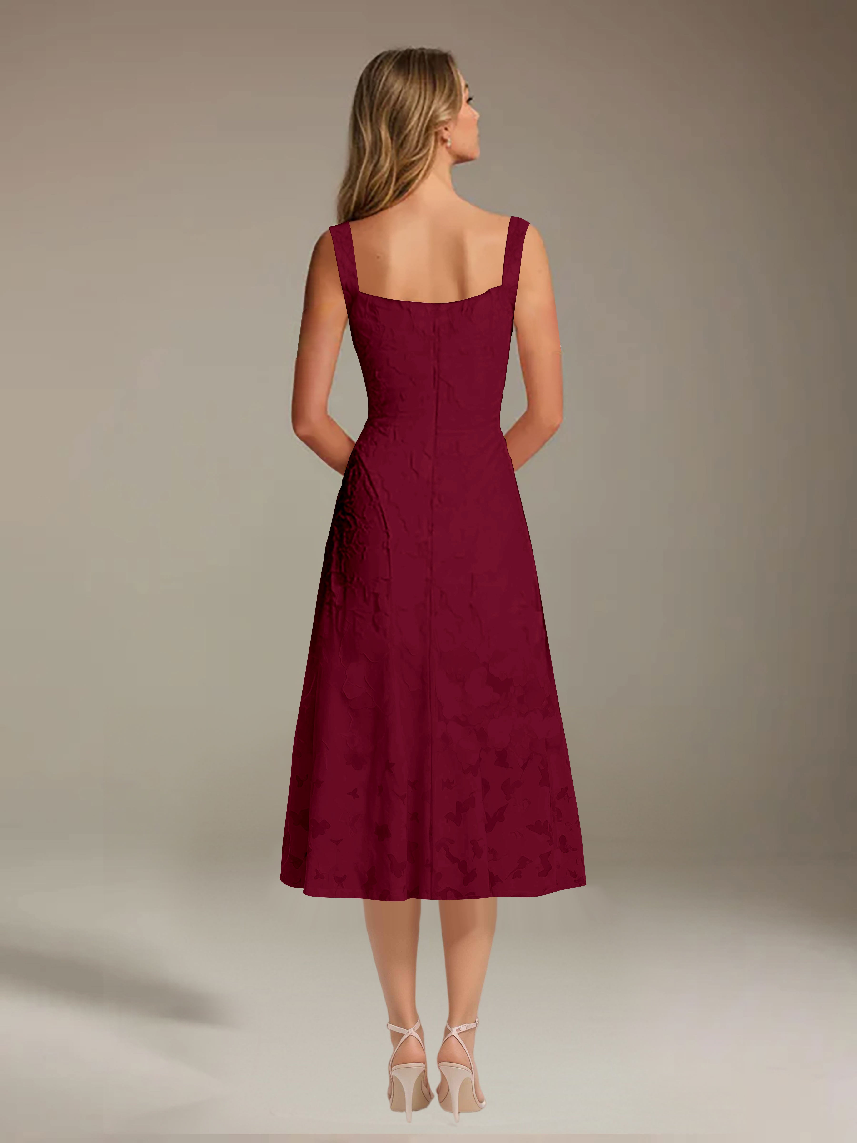Robe de cérémonie A-line dentelle florale col carré longueur thé