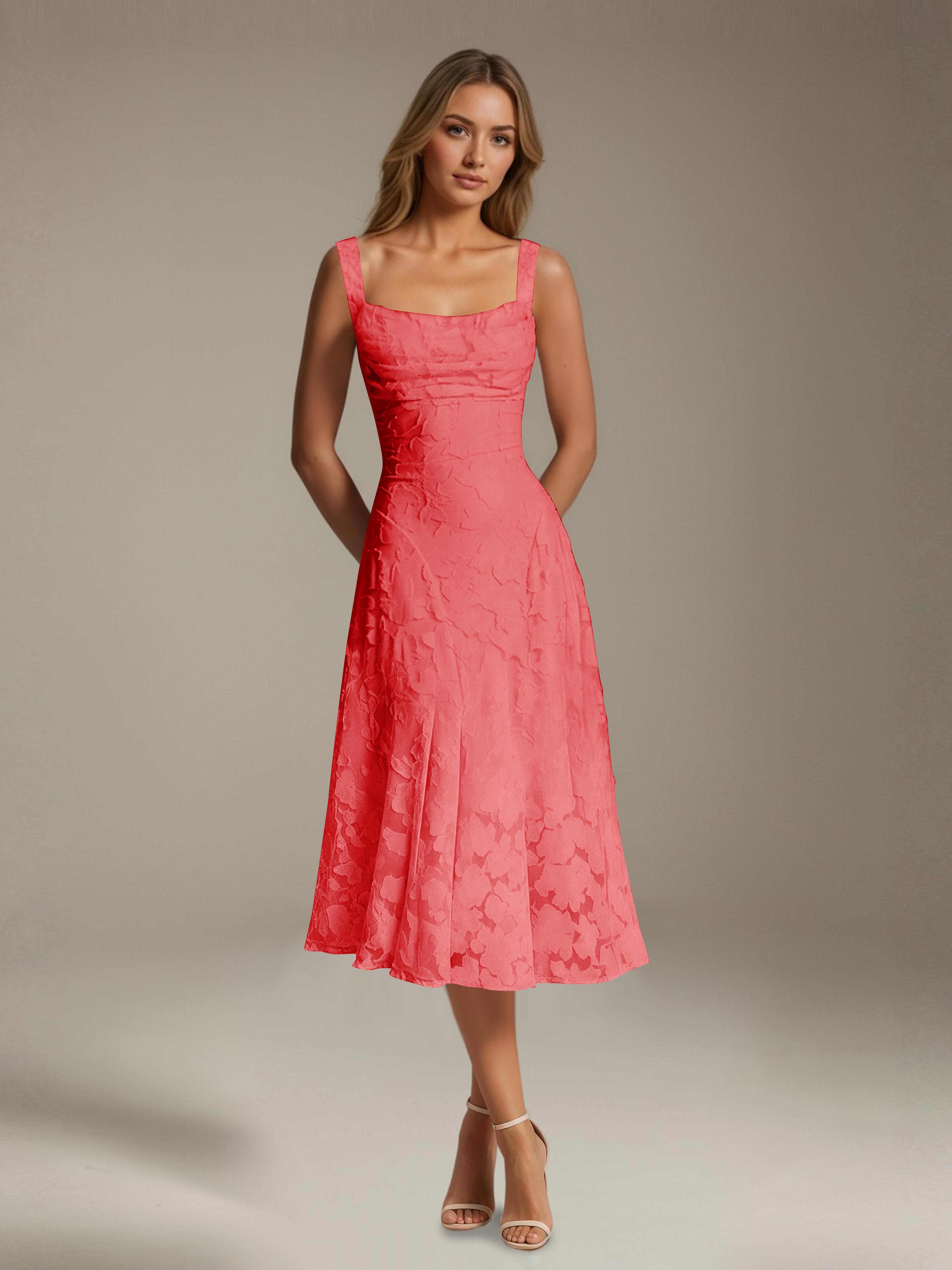 Robe de cérémonie A-line dentelle florale col carré longueur thé