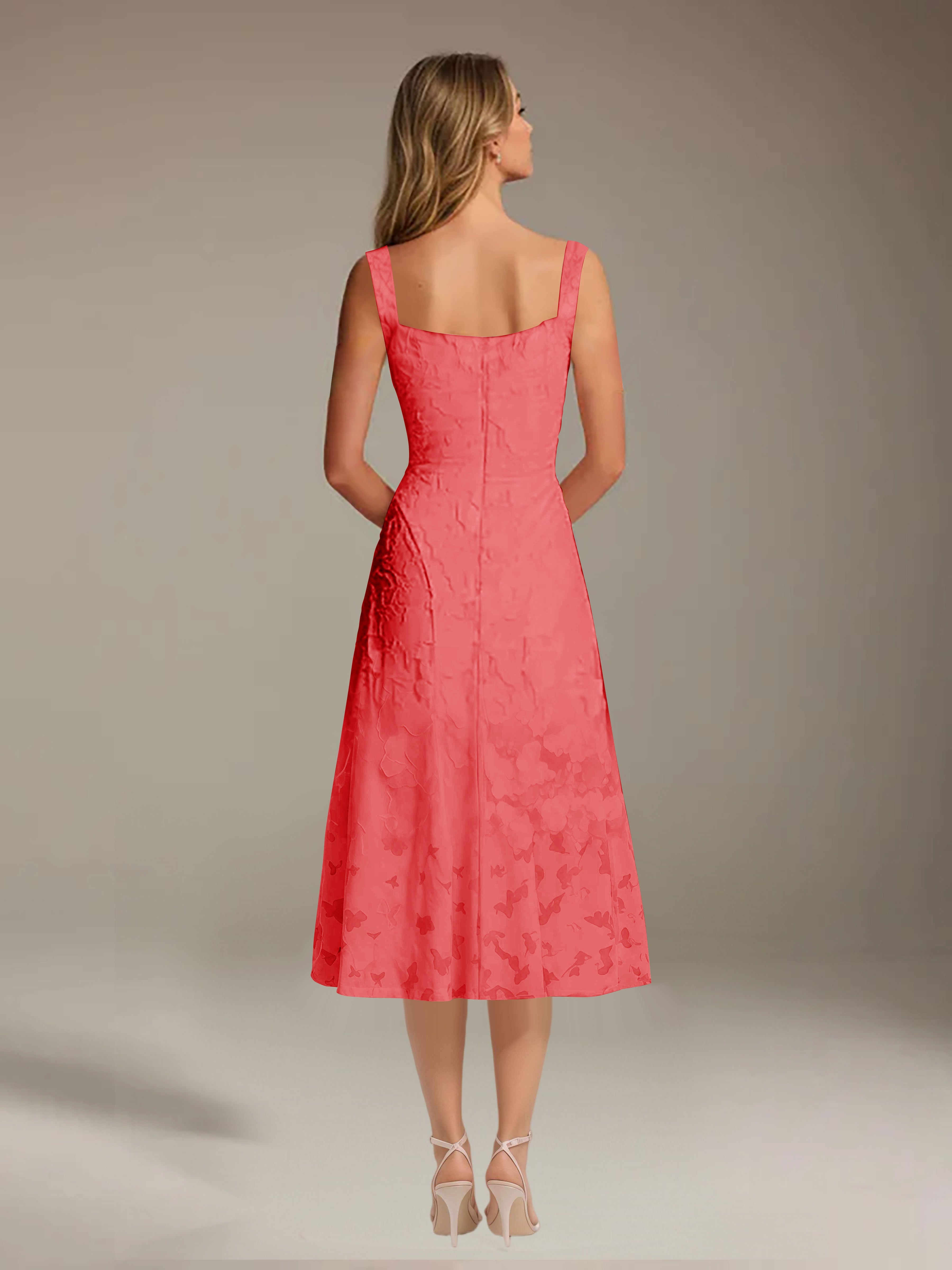 Robe de cérémonie A-line dentelle florale col carré longueur thé