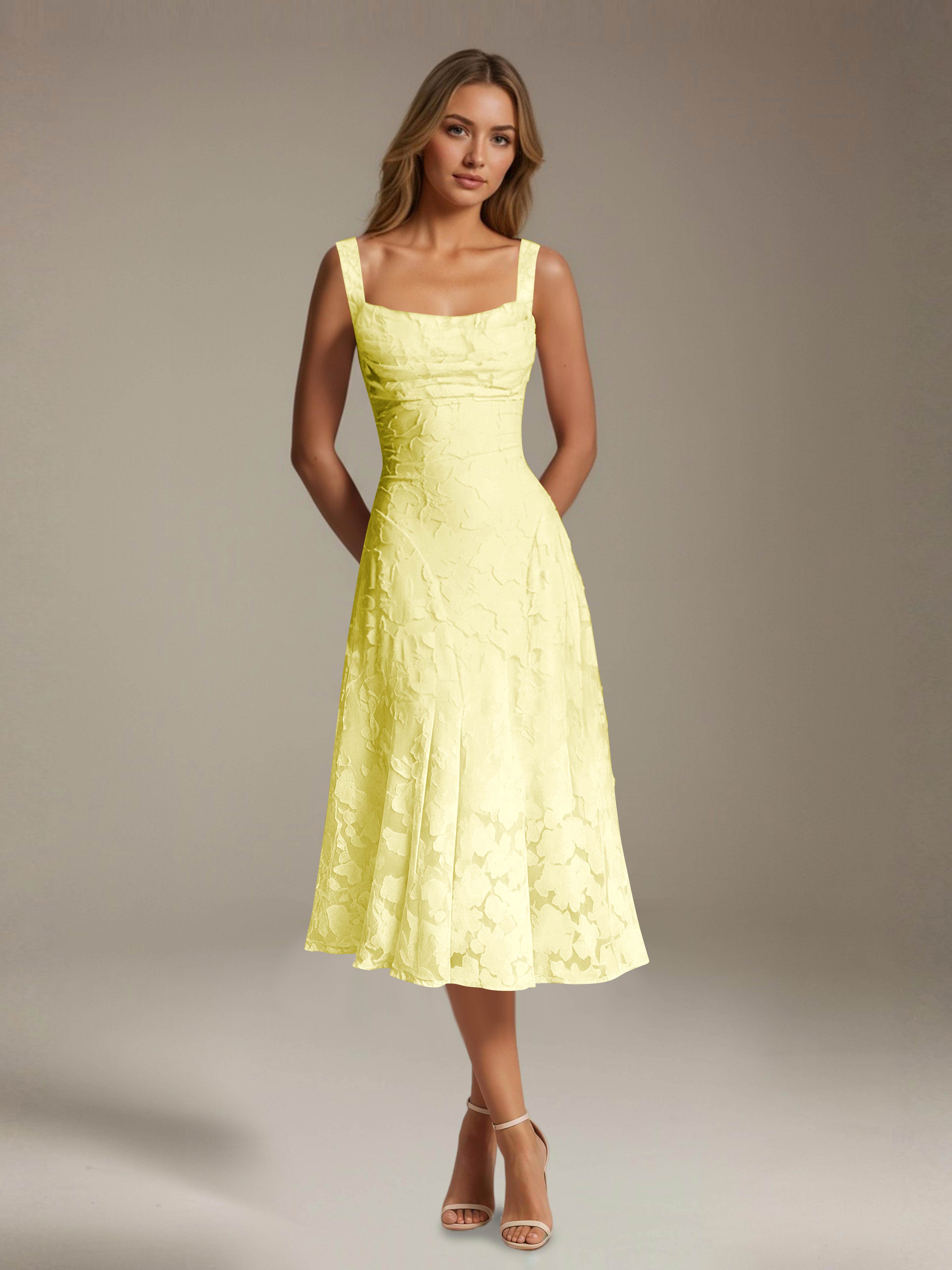 Robe de cérémonie A-line dentelle florale col carré longueur thé