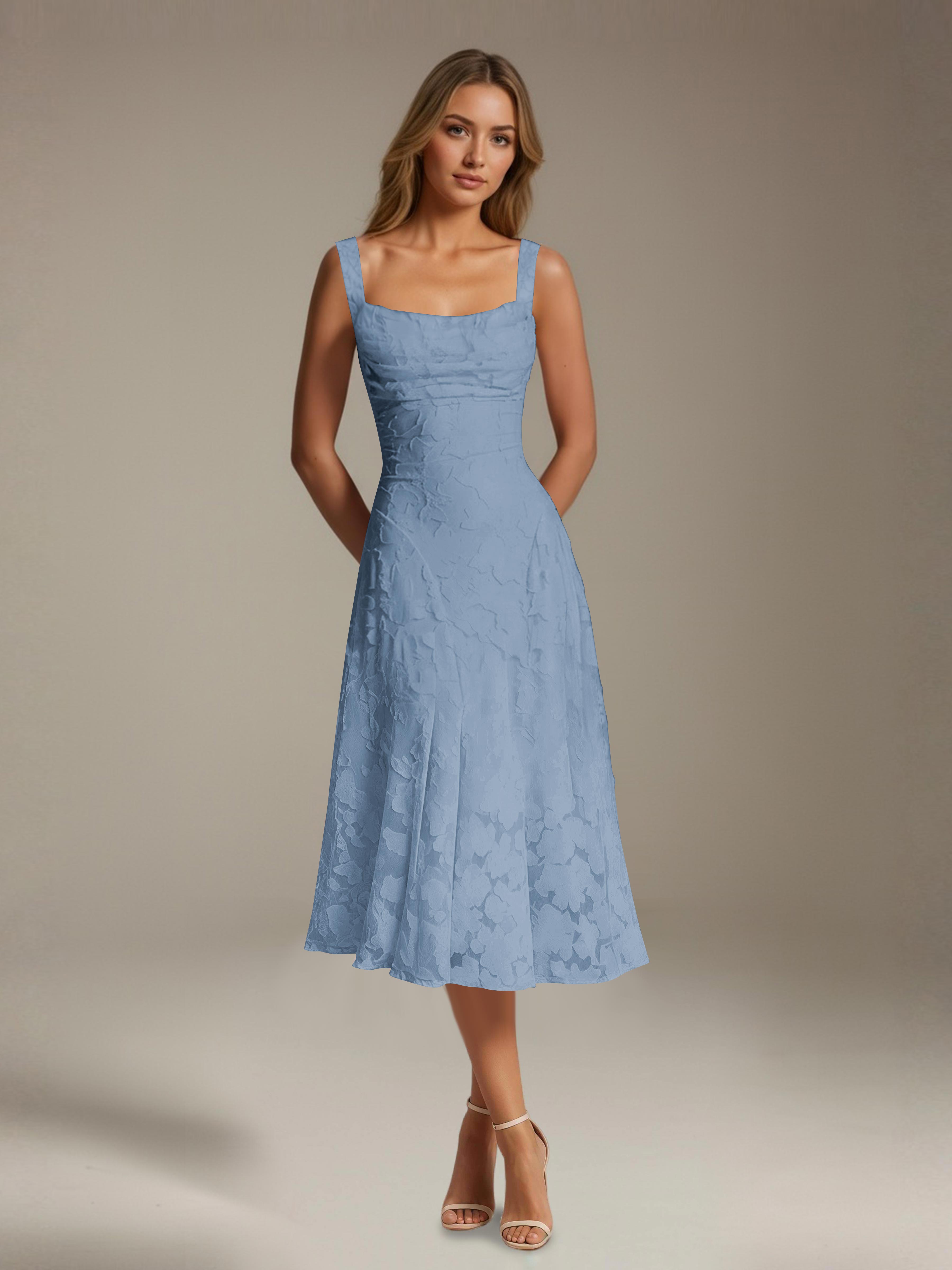 Robe de cérémonie A-line dentelle florale col carré longueur thé