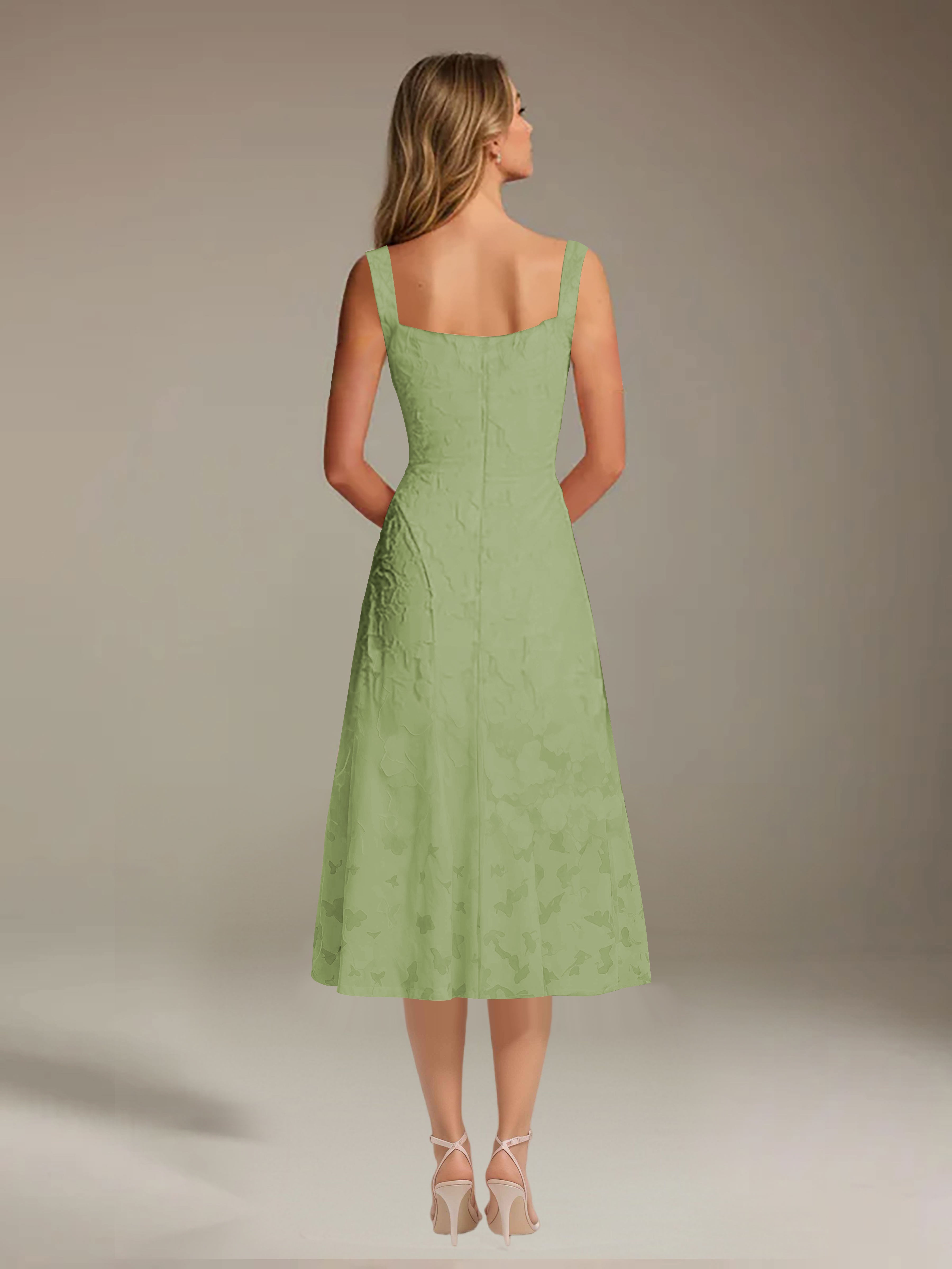 Robe de cérémonie A-line dentelle florale col carré longueur thé