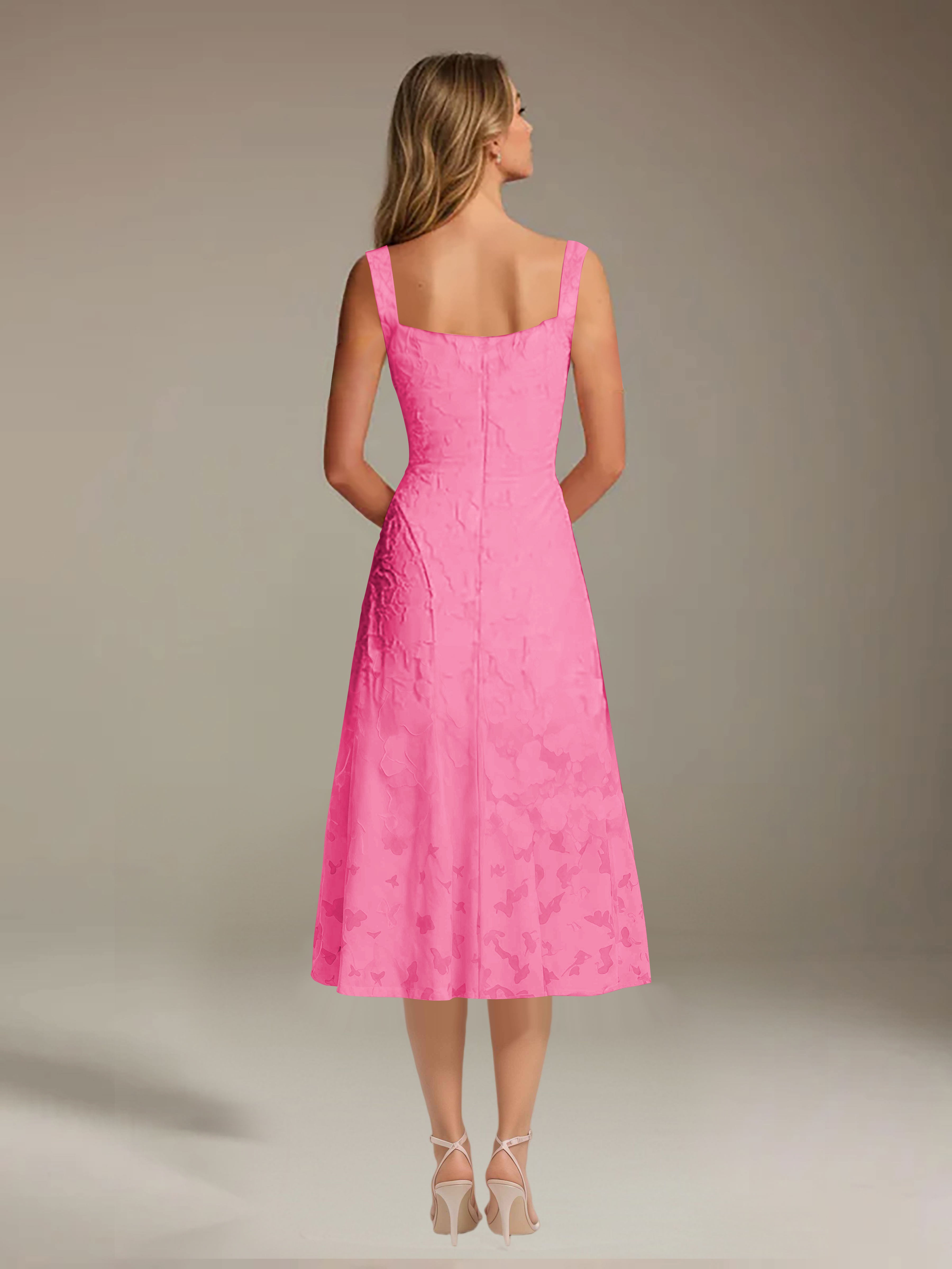 Robe de cérémonie A-line dentelle florale col carré longueur thé