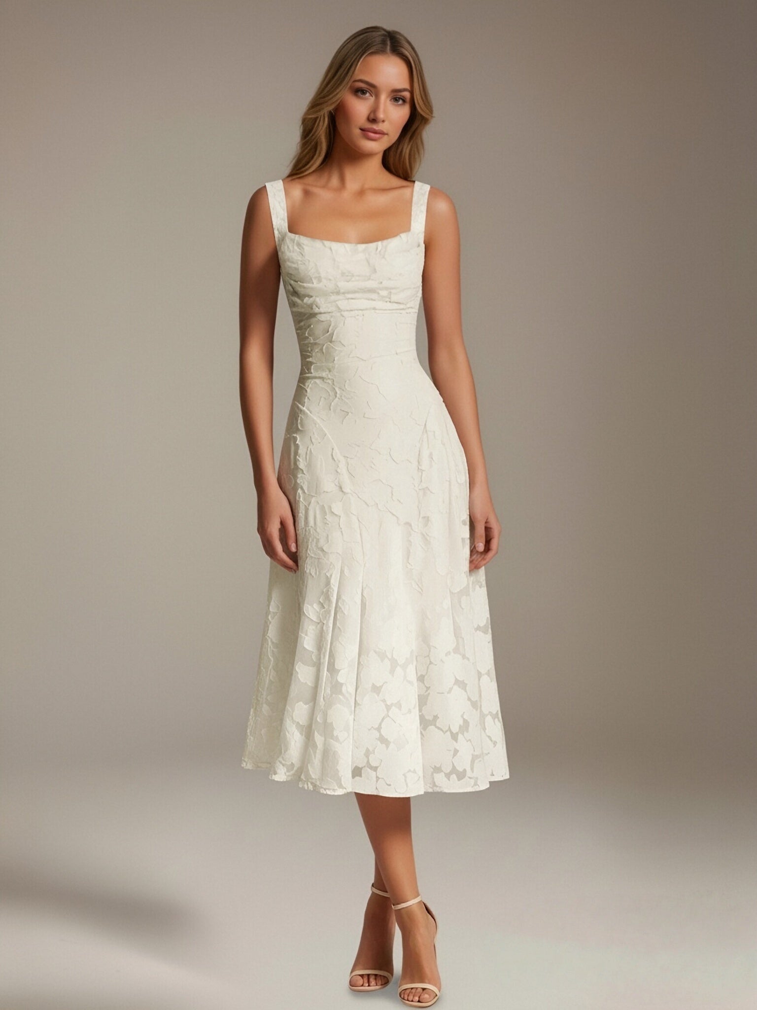 Robe de cérémonie A-line dentelle florale col carré longueur thé