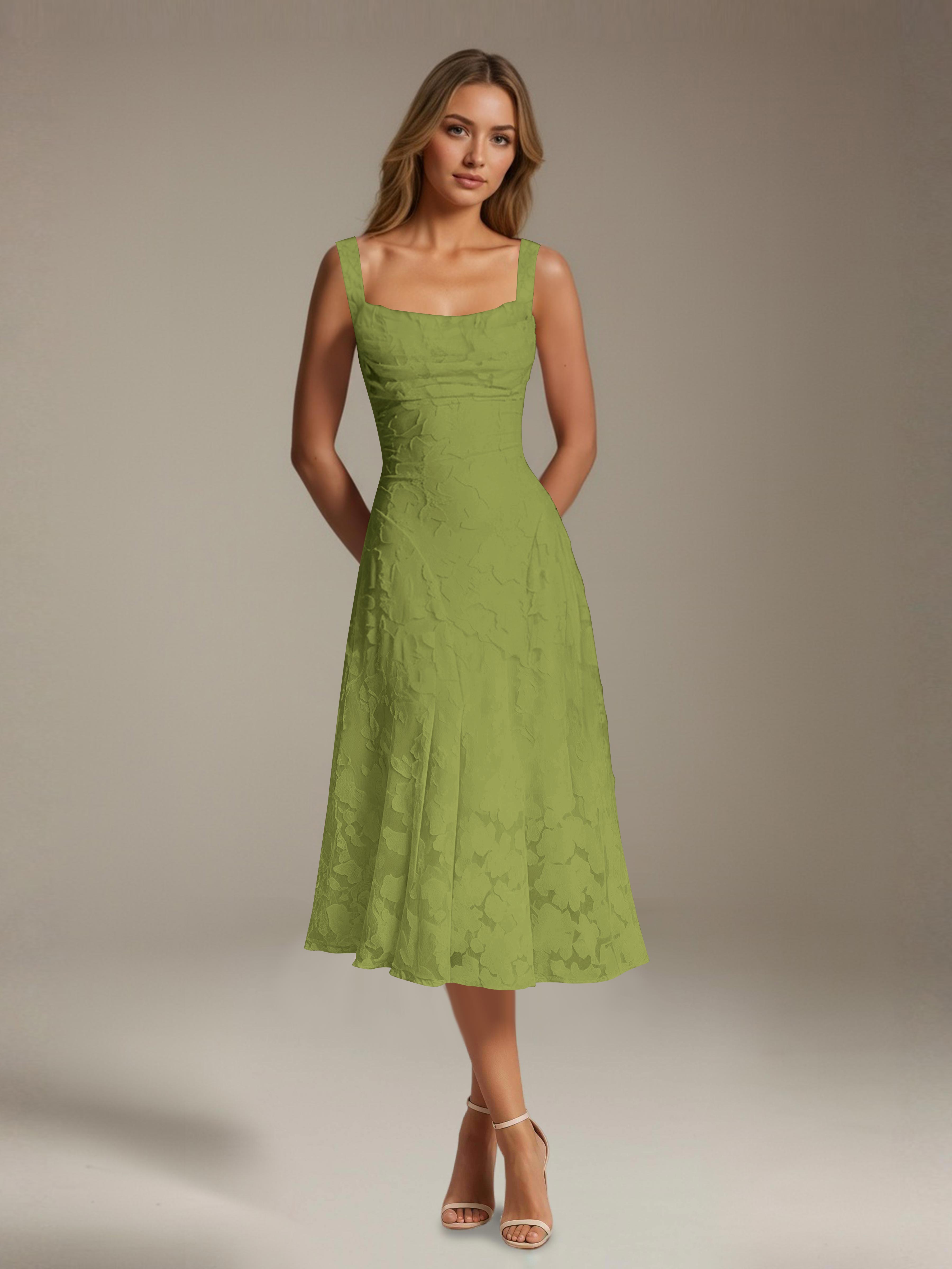 Robe de cérémonie A-line dentelle florale col carré longueur thé