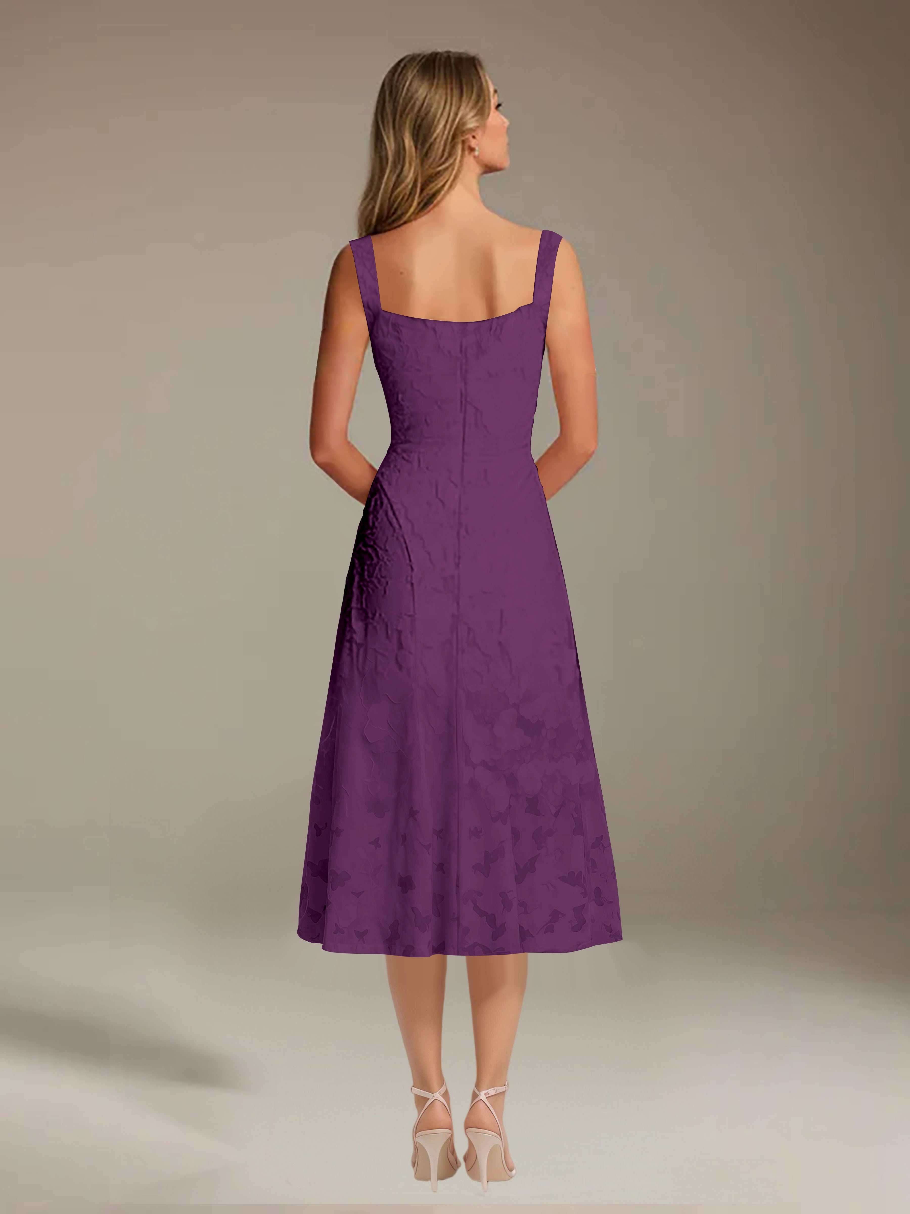 Robe de cérémonie A-line dentelle florale col carré longueur thé