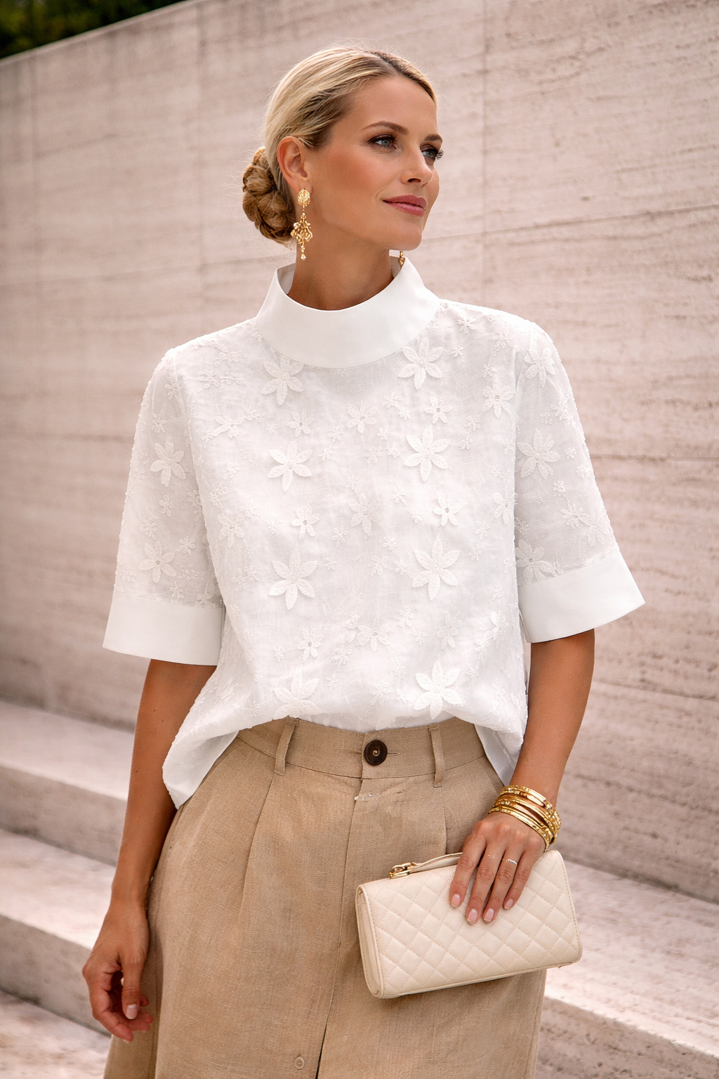 Blouse Femme Col Haut Brodée Élégante Casual