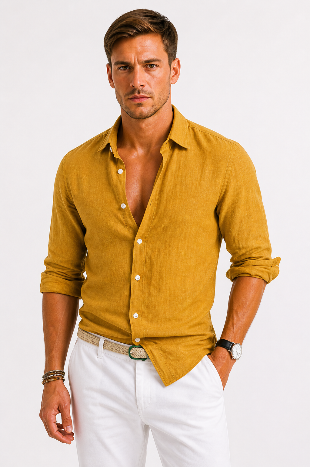 Chemise Lin Homme Manches Longues Légère Col Classique Été