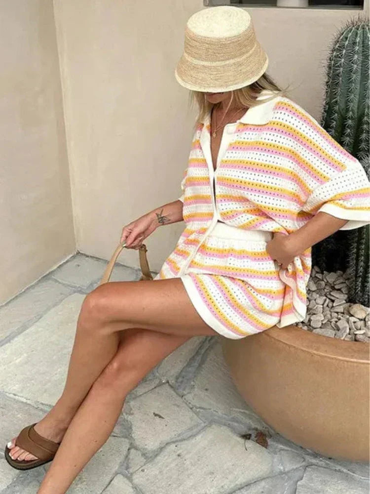 Ensemble maille femme deux pièces rayures contrastées