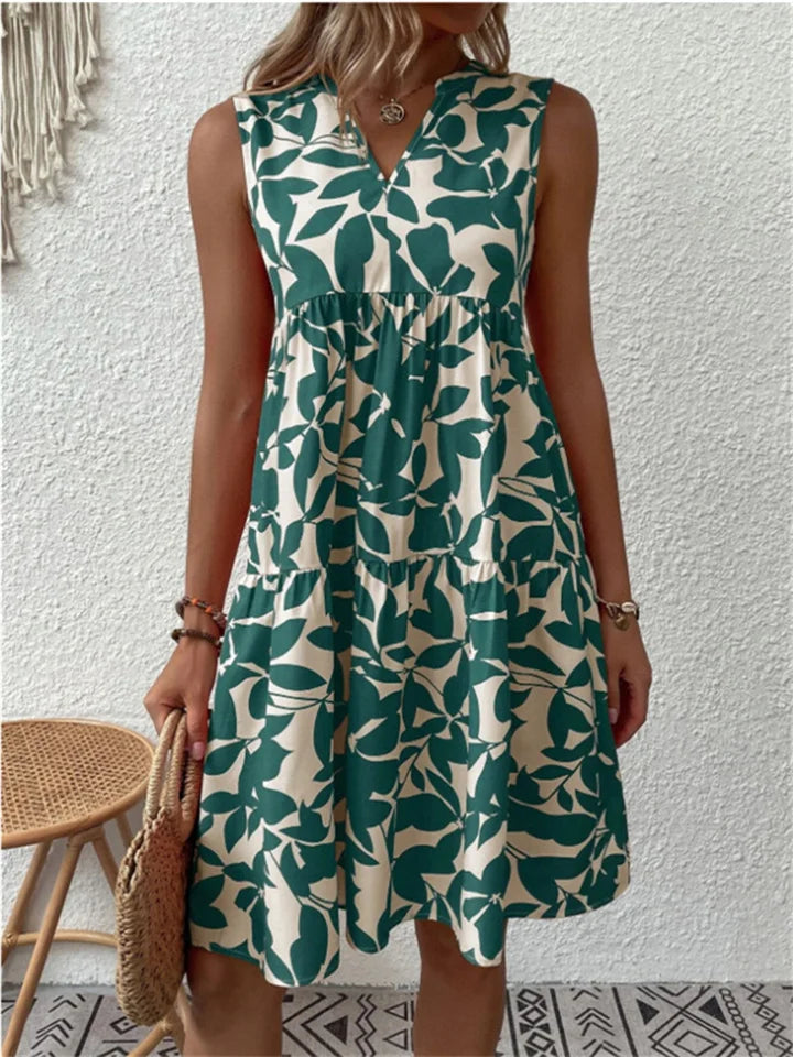 Robe Mi-Longue Femme Imprimée Coupe Droite Col V Sans Manches