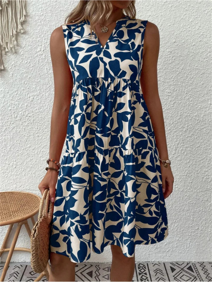Robe Mi-Longue Femme Imprimée Coupe Droite Col V Sans Manches