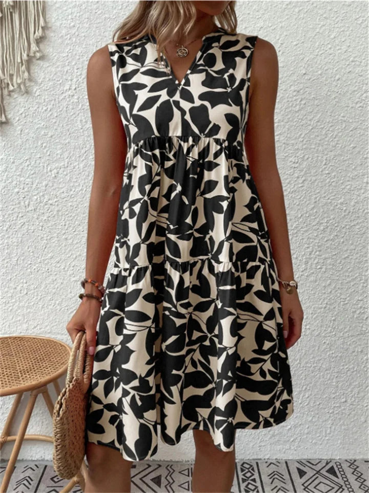 Robe Mi-Longue Femme Imprimée Coupe Droite Col V Sans Manches