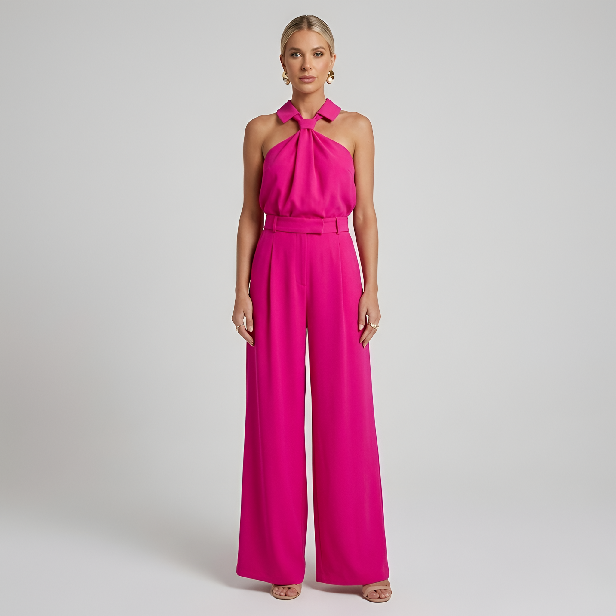 Combinaison femme pantalon palazzo et top halter col montant