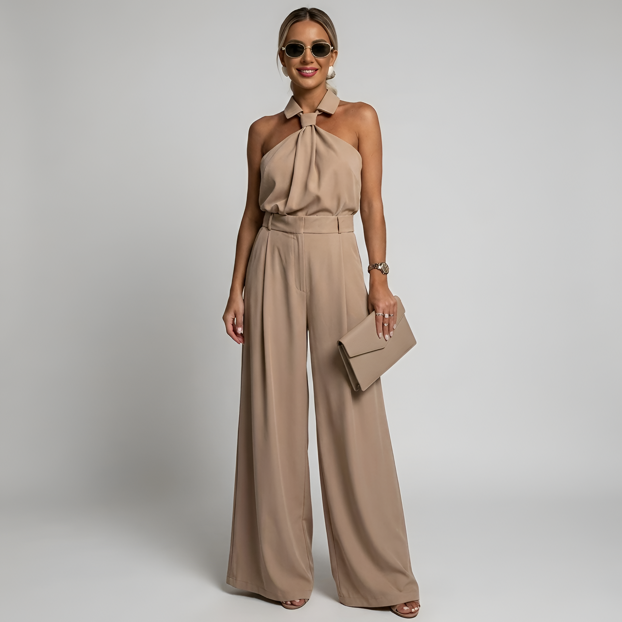 Combinaison femme pantalon palazzo et top halter col montant
