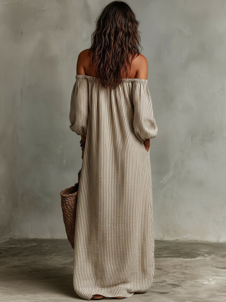Robe maxi femme lin coton épaules dénudées manches longues
