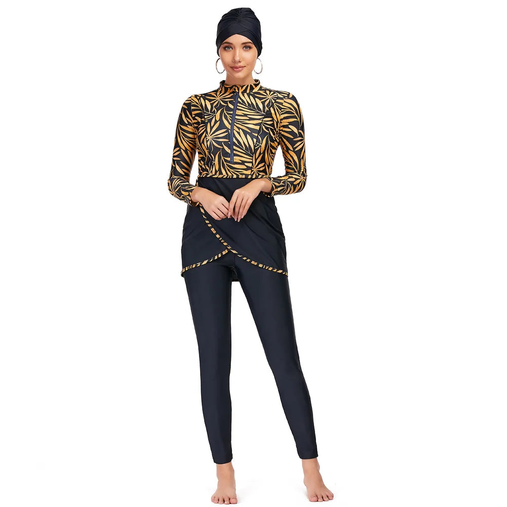 Burkini femme manches longues ensemble 3 pièces patchwork sport
